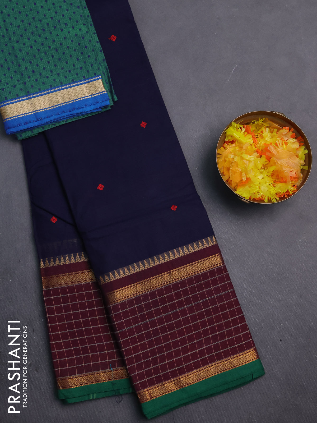 Chettinad cotton saree navy blue and deep maroon with thread woven buttas and zari woven checked border