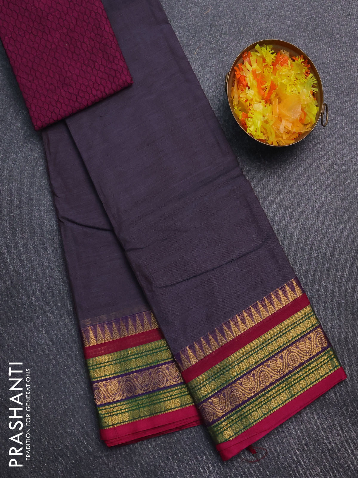 Chettinad cotton saree grey and pink with thread woven buttas and zari woven border