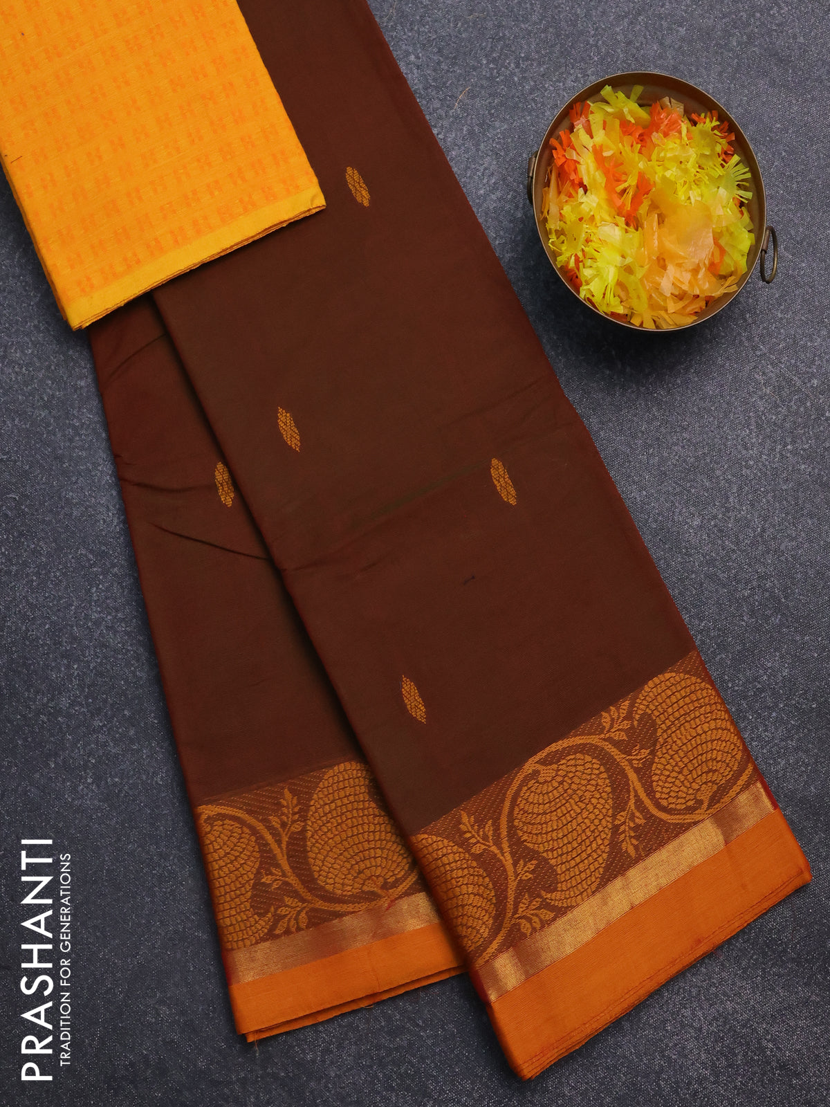 Chettinad cotton saree manthulir green and mango yellow with thread woven buttas and thread & zari woven border