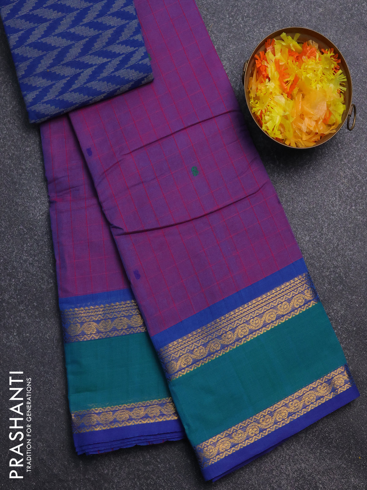 Chettinad cotton saree purple and teal green with allover checked pattern and rattapet zari woven border