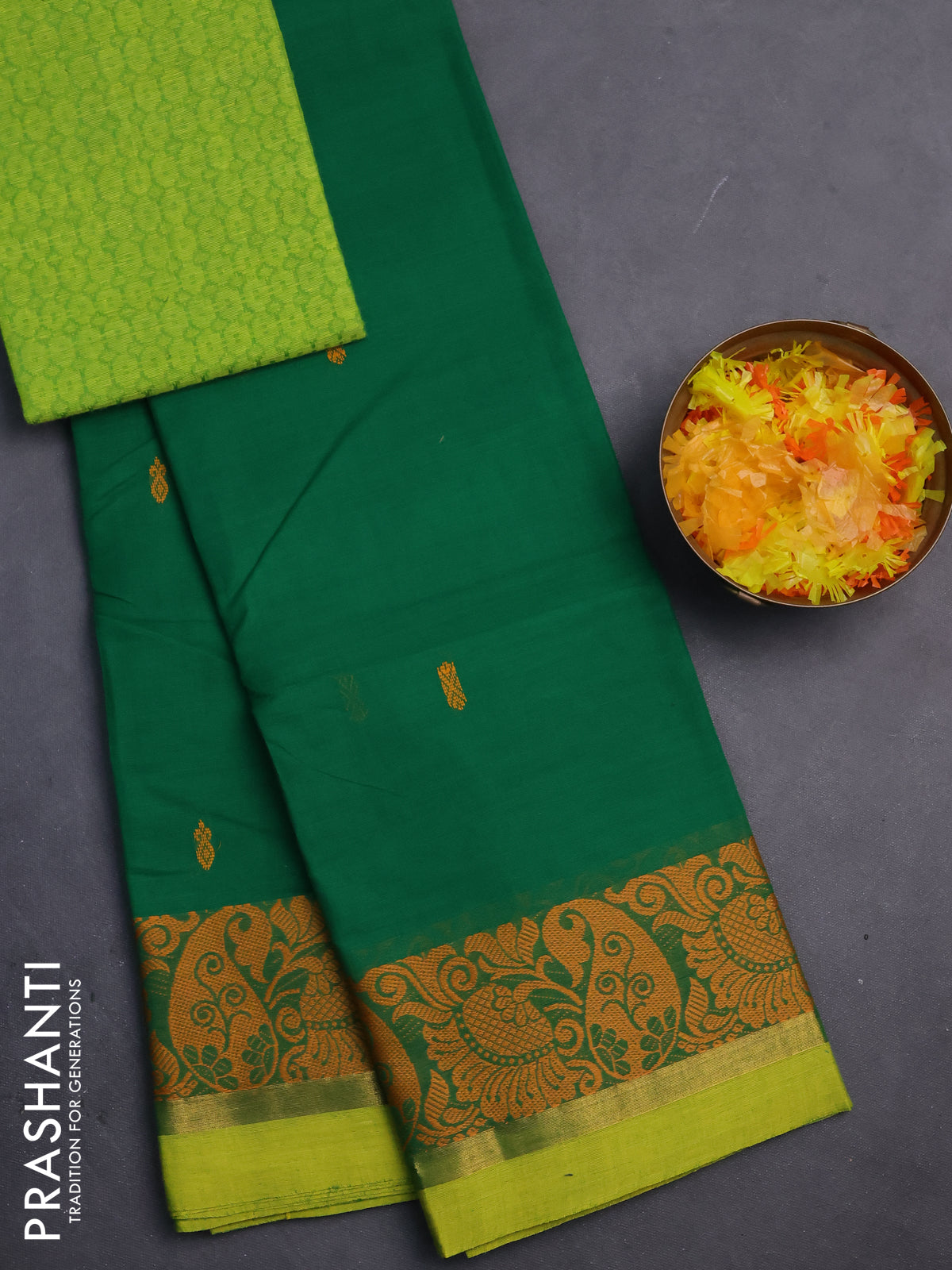 Chettinad cotton saree green and light green with thread woven buttas and thread & zari woven border