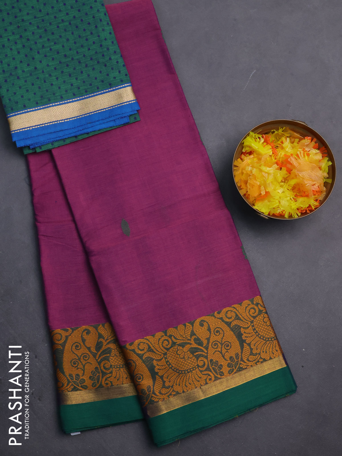Chettinad cotton saree mild purple shade and green with thread woven buttas and thread & zari woven border