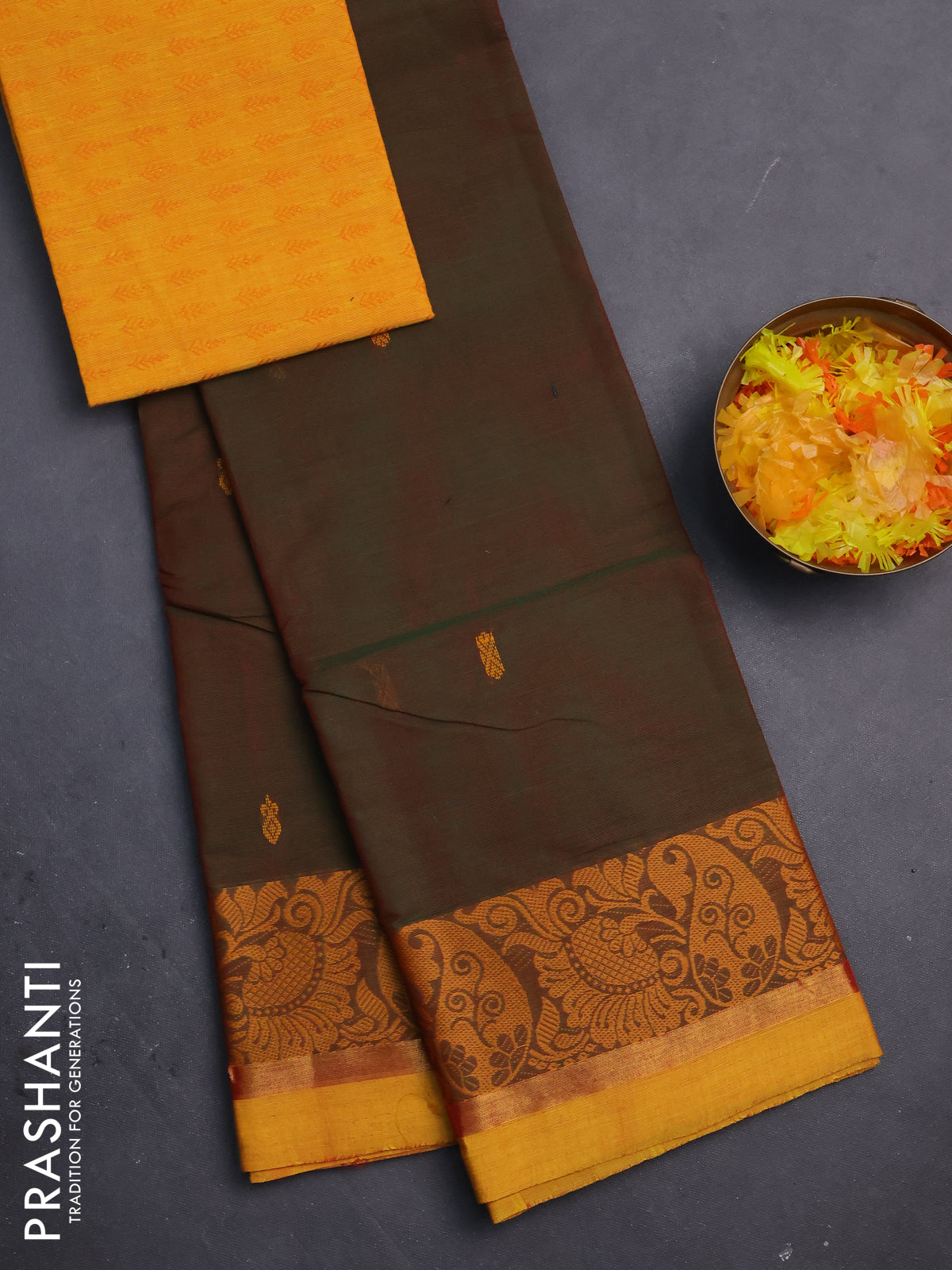 Chettinad cotton saree manthulir green and yellow with thread woven buttas and zari woven border
