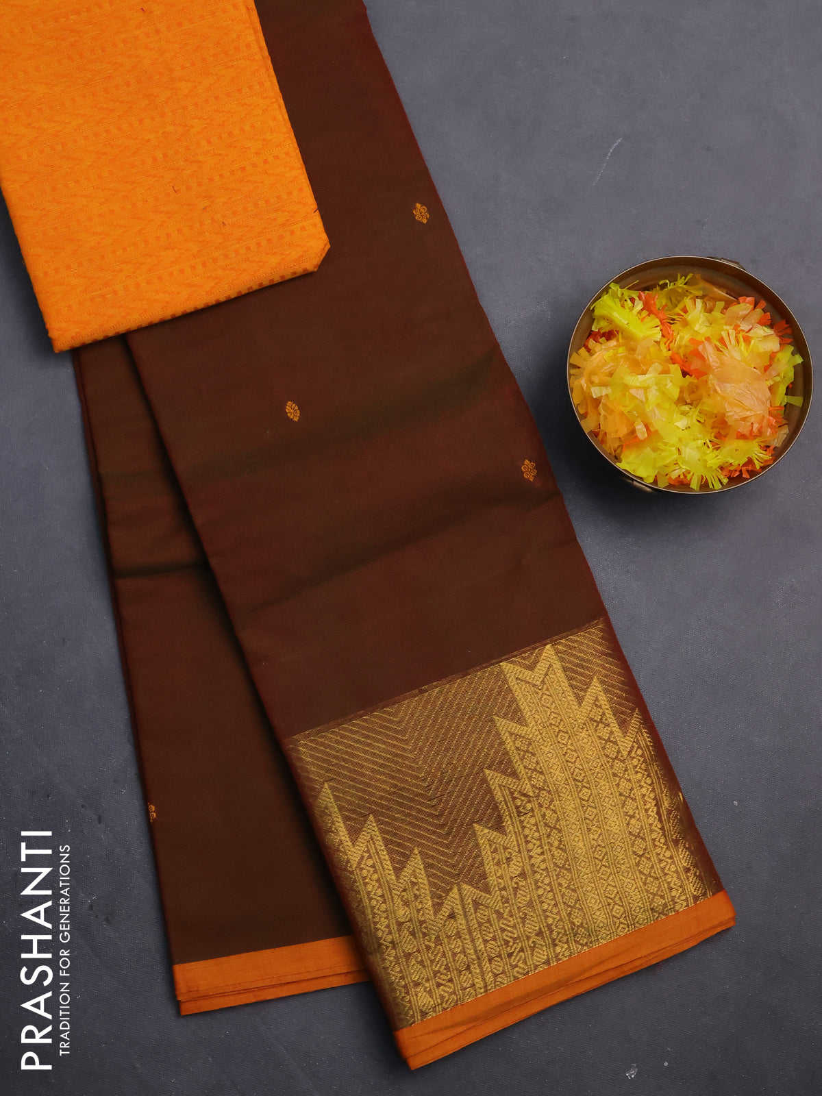 Chettinad cotton saree manthulir green and mustard shade with thread woven buttas and temple design zari border