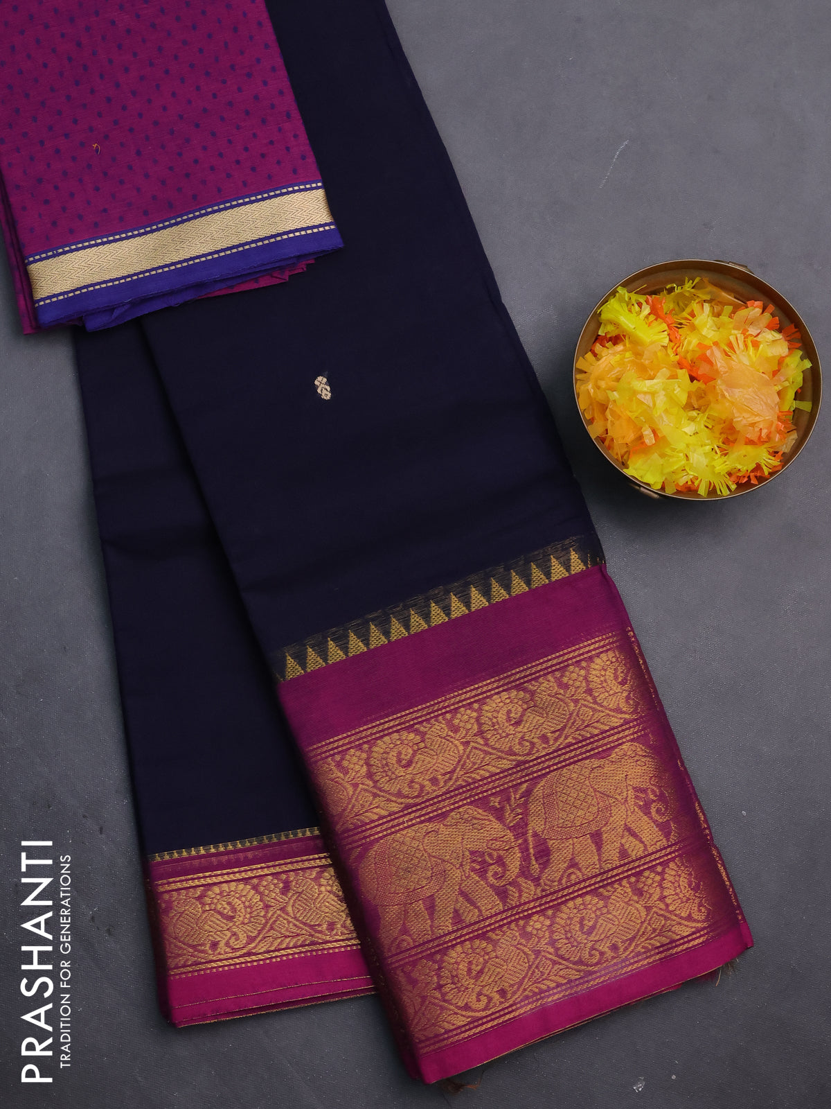 Chettinad cotton saree navy blue and magenta pink with thread woven buttas and annam & elephant zari woven border