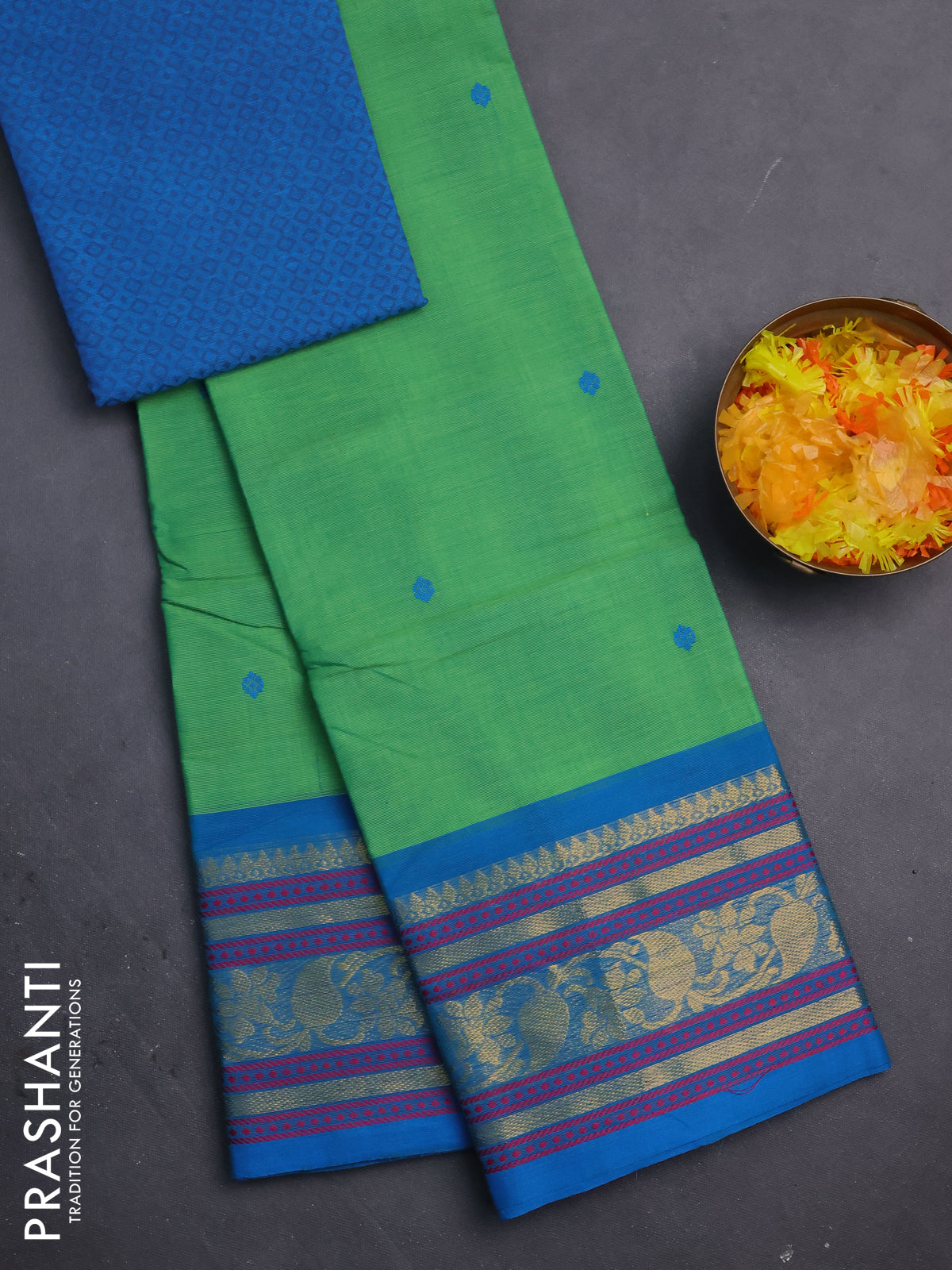 Chettinad cotton saree light green and cs blue with thread woven buttas and zari woven border