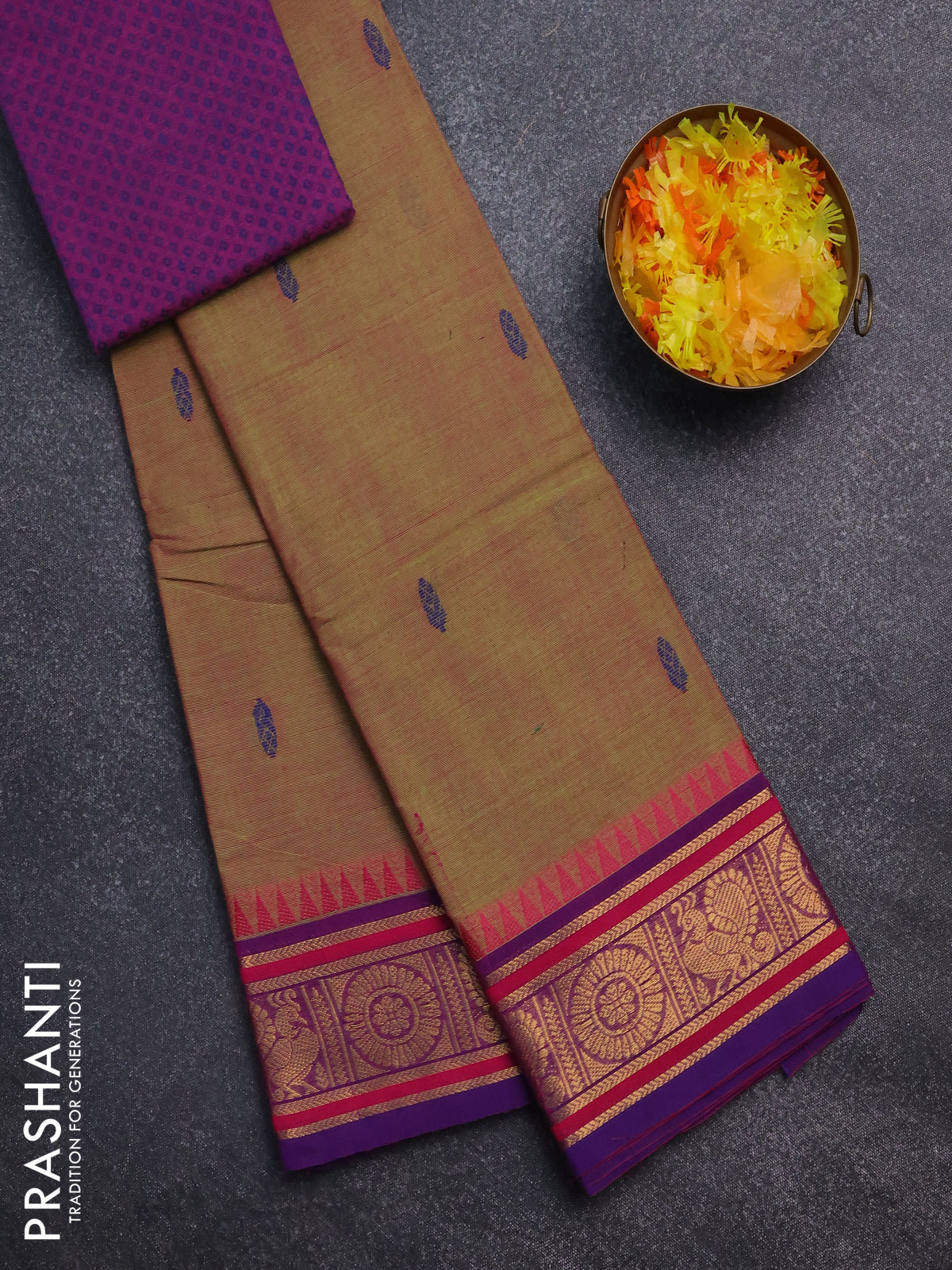 Chettinad cotton saree dual shade of green and blue with thread woven buttas and zari woven border