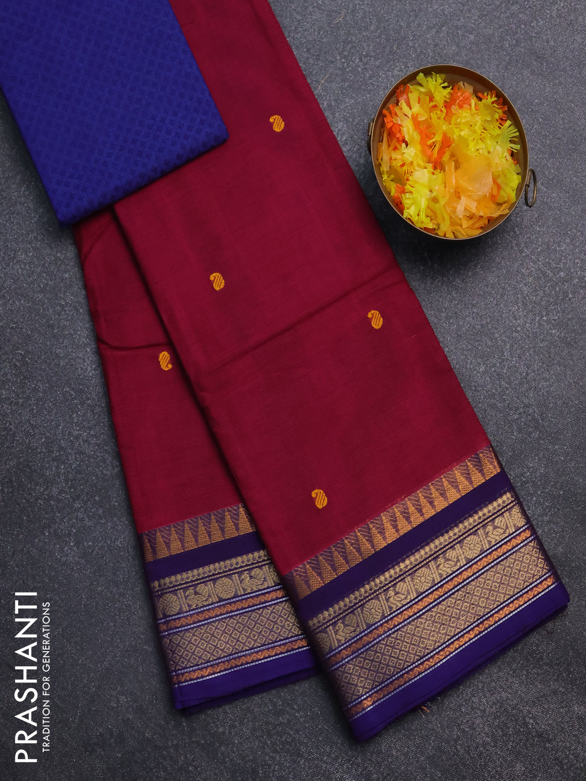 Chettinad cotton saree magenta pink and dark violet with thread woven buttas and temple disign zari woven border