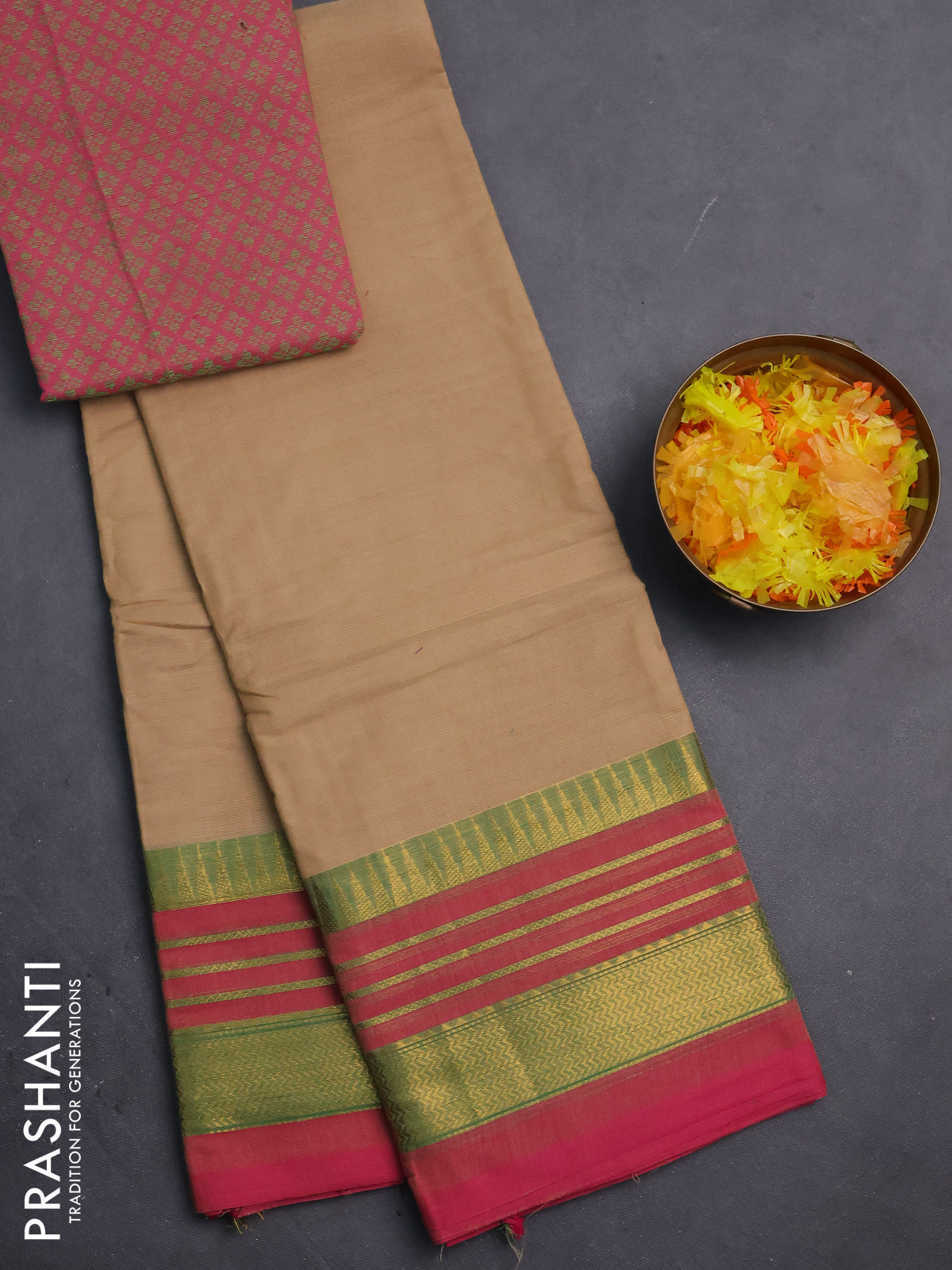 Chettinad cotton saree sandal and pink with plain body and zari woven border
