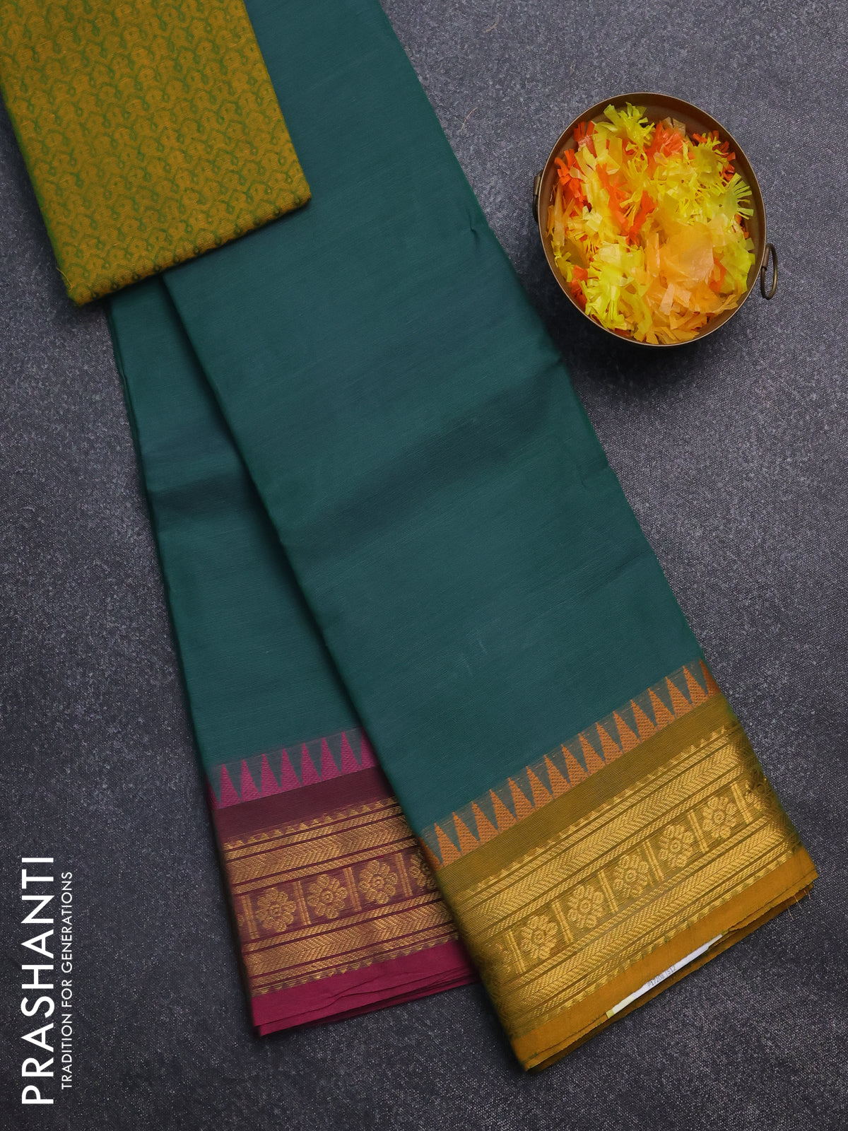 Chettinad cotton saree teal green and mustard yellow with thread woven buttas and ganga jamuna border