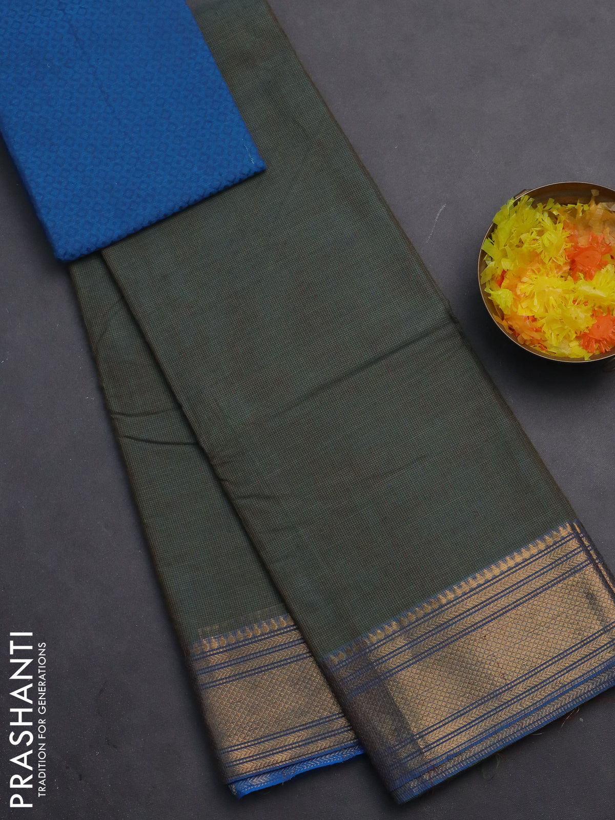 Chettinad cotton saree dual shade of blue and cs blue with allover small checked pattern and zari woven border