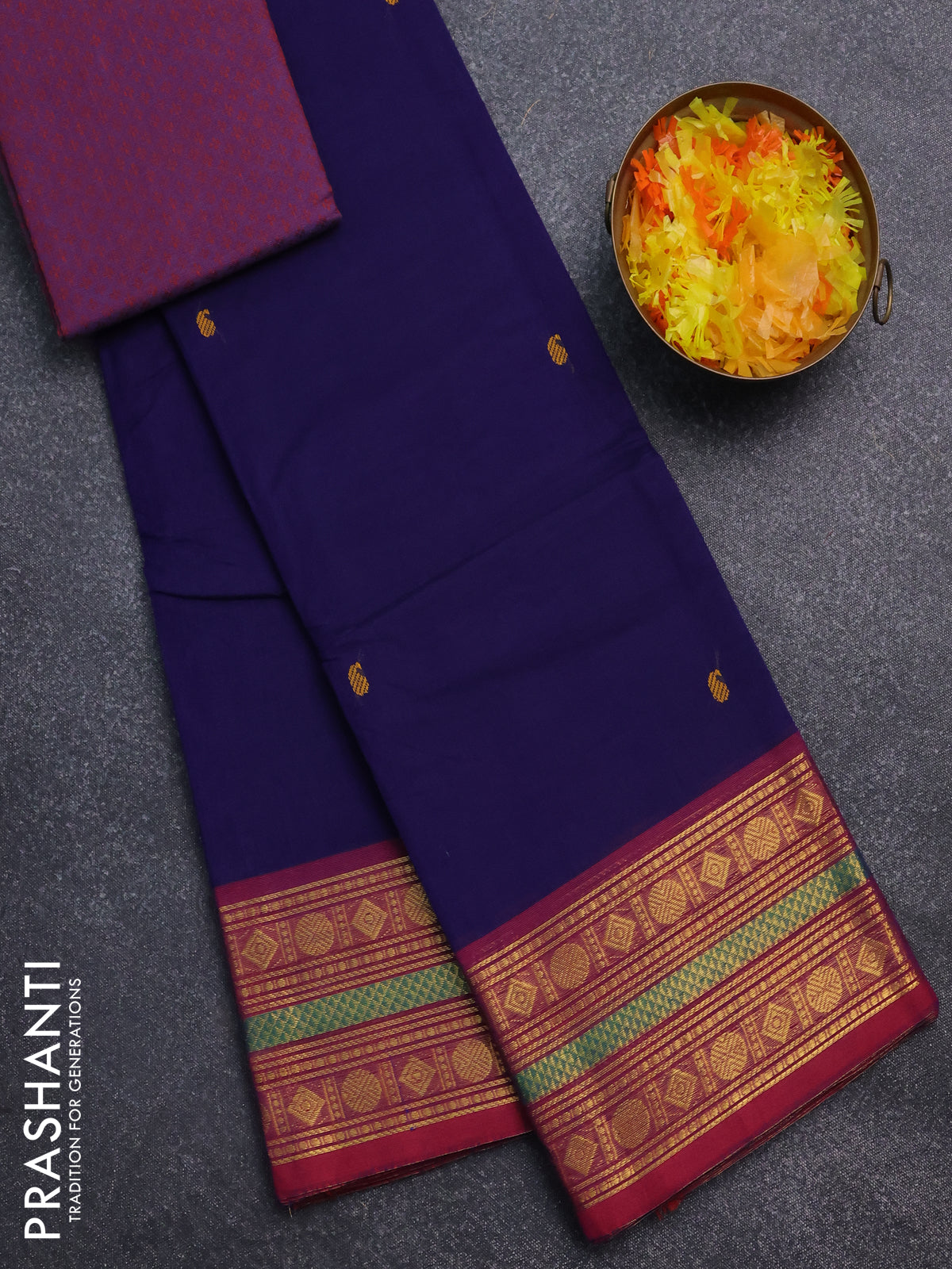 Chettinad cotton saree blue and maroon with thread woven buttas and zari woven border