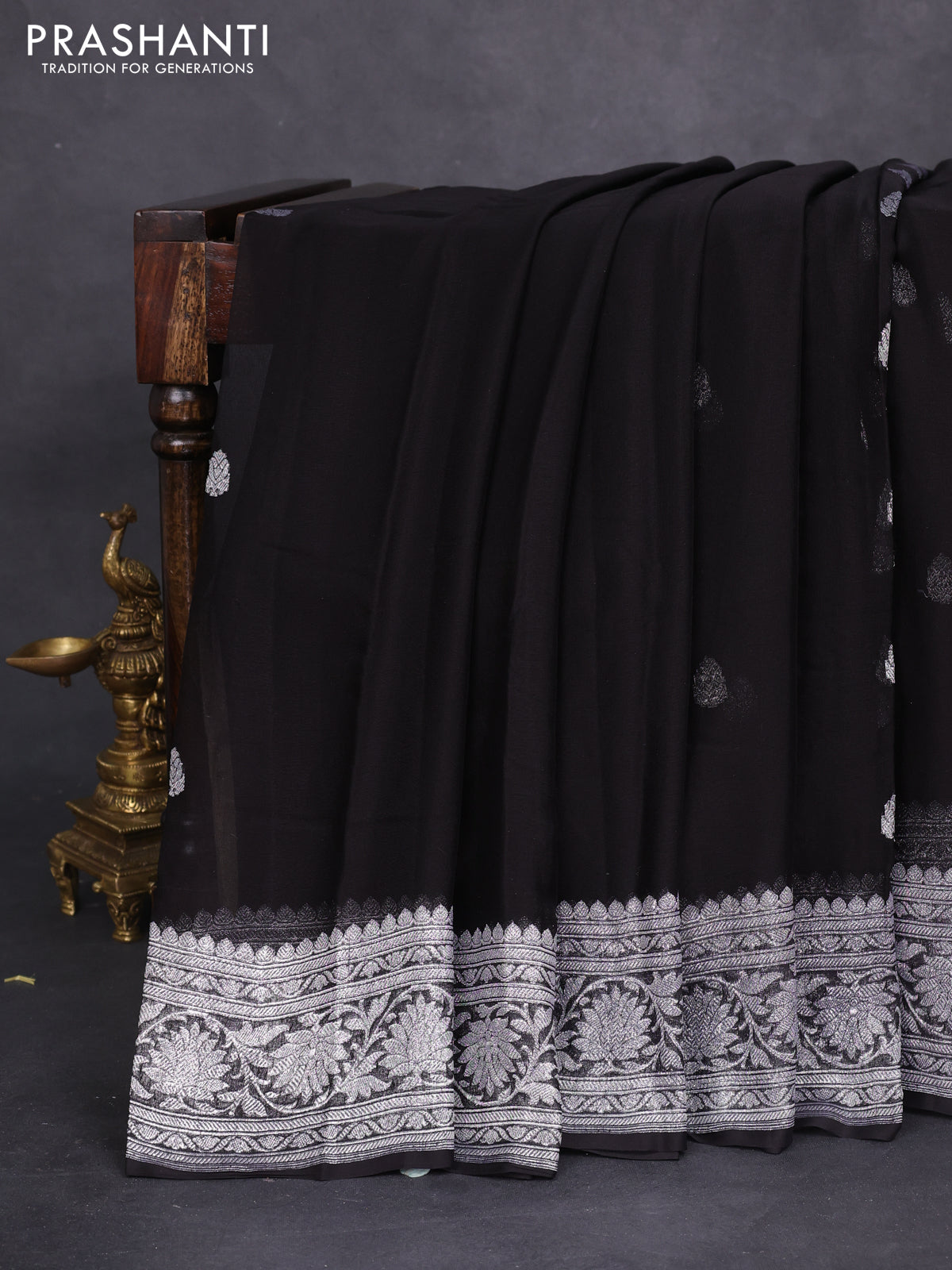 Banarasi chiffon silk saree black with silver zari woven buttas and silver zari woven border