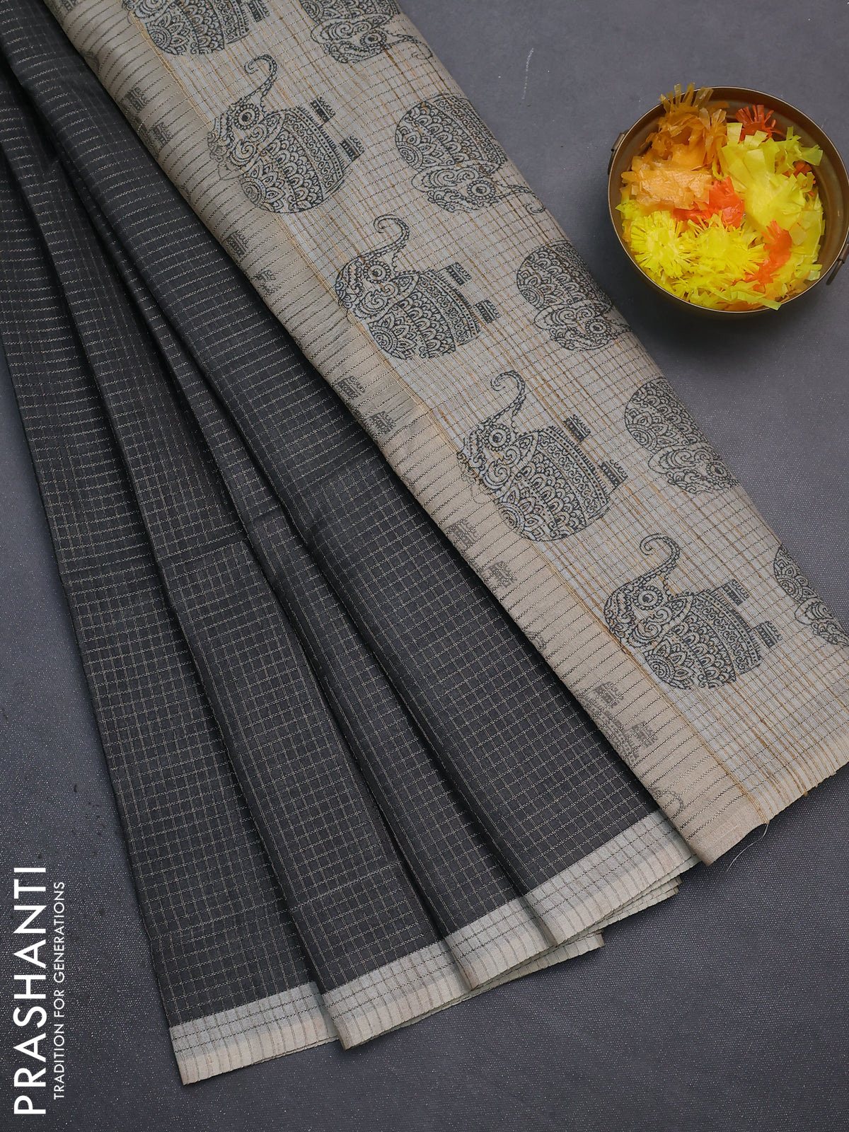 Chappa saree elephant grey and grey with allover small zari checked pattern and elephant butta prints