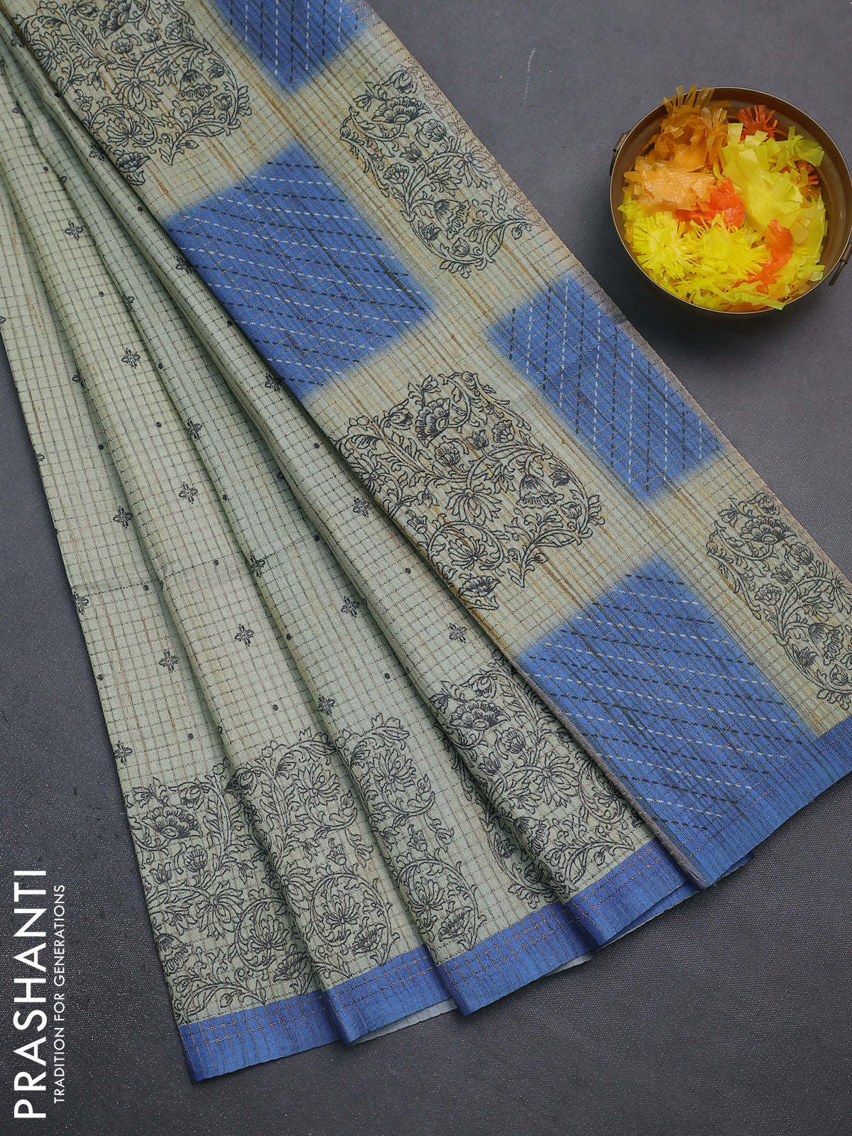 Chappa saree pastel green and blue with allover small zari checked pattern & butta prints and printed border