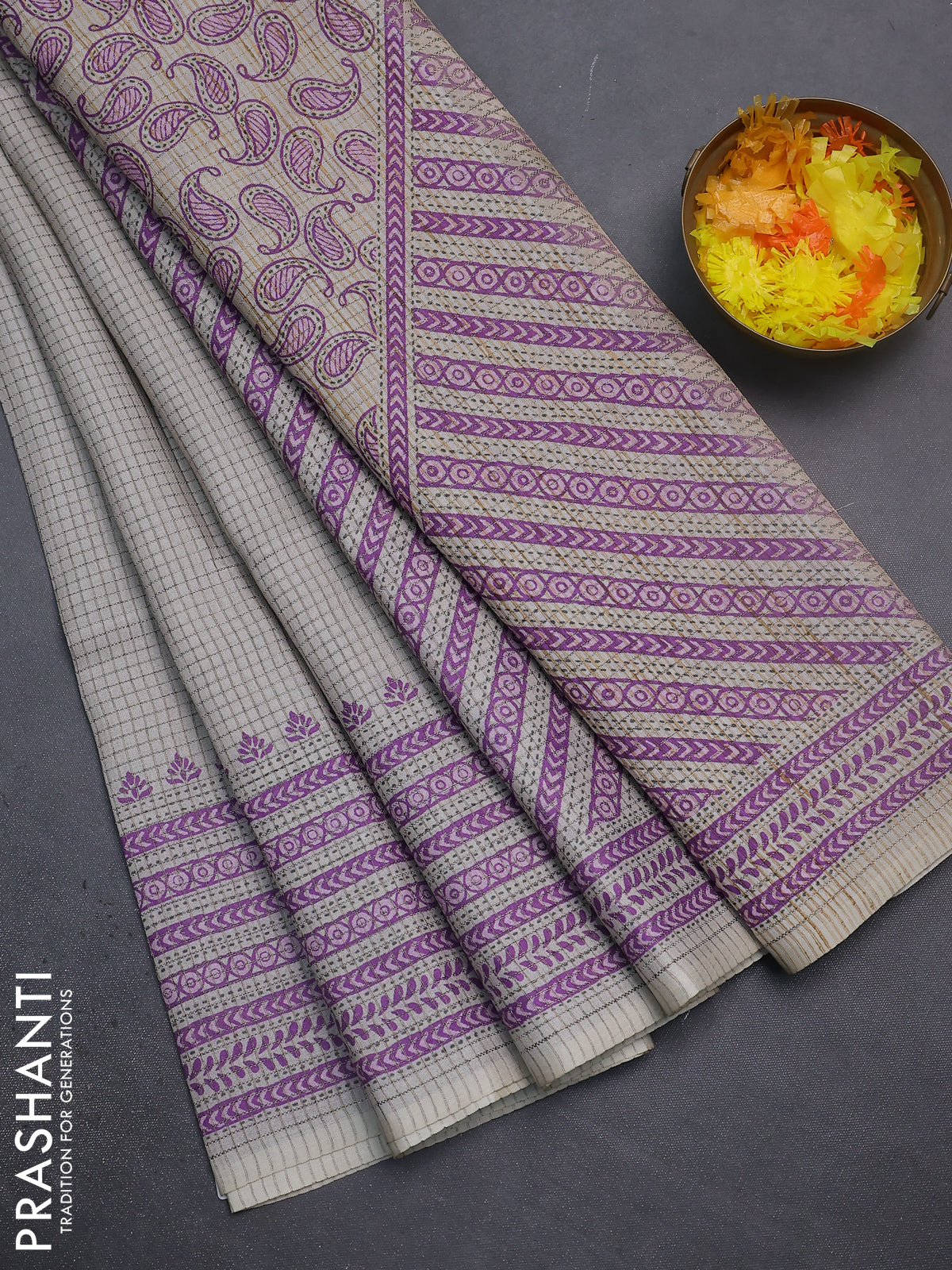 Chappa saree beige and purple with allover small zari checked pattern and printed border