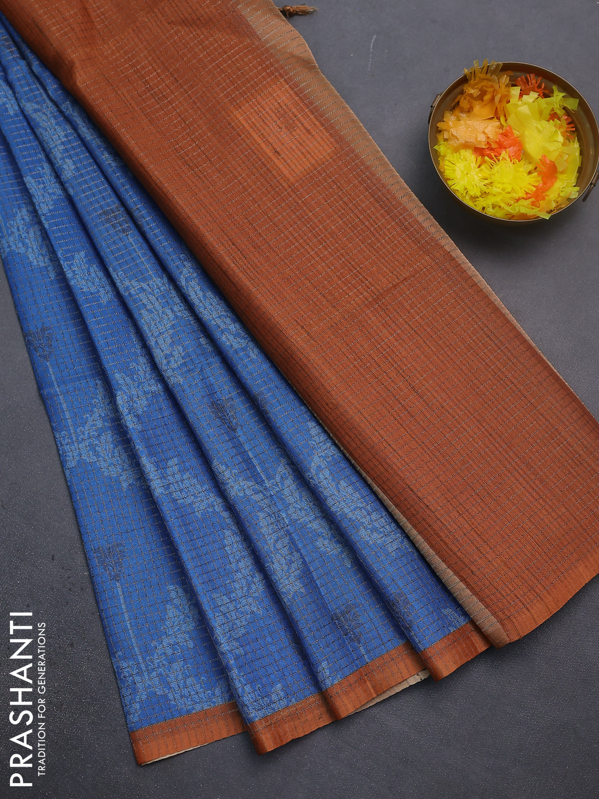 Chappa saree cs blue and orange with allover small zari checked pattern & prints and piping border