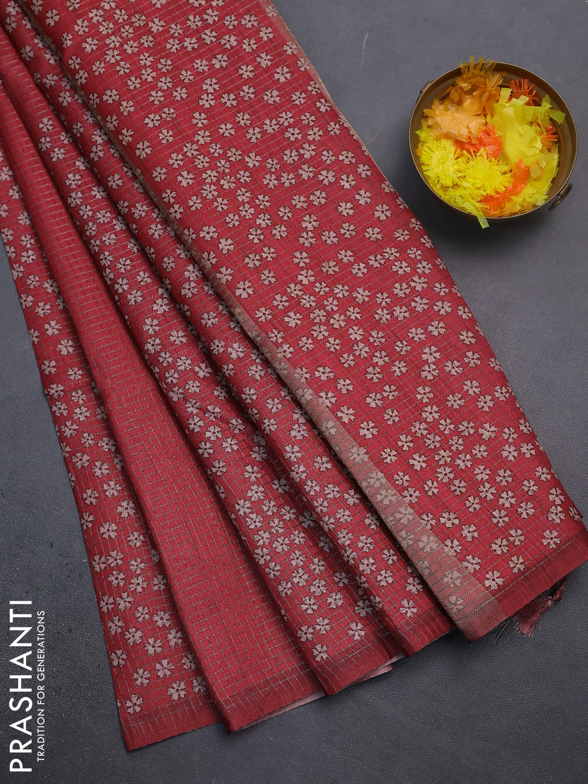 Chappa saree maroon with allover small zari checked pattern and floral digital printed pallu