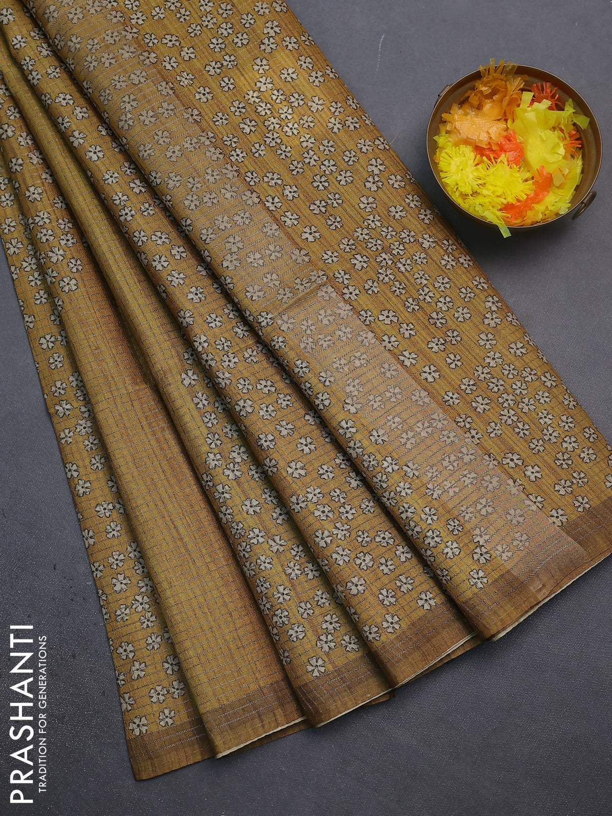 Chappa saree mustard shade with allover small zari checked pattern and floral digital printed pallu