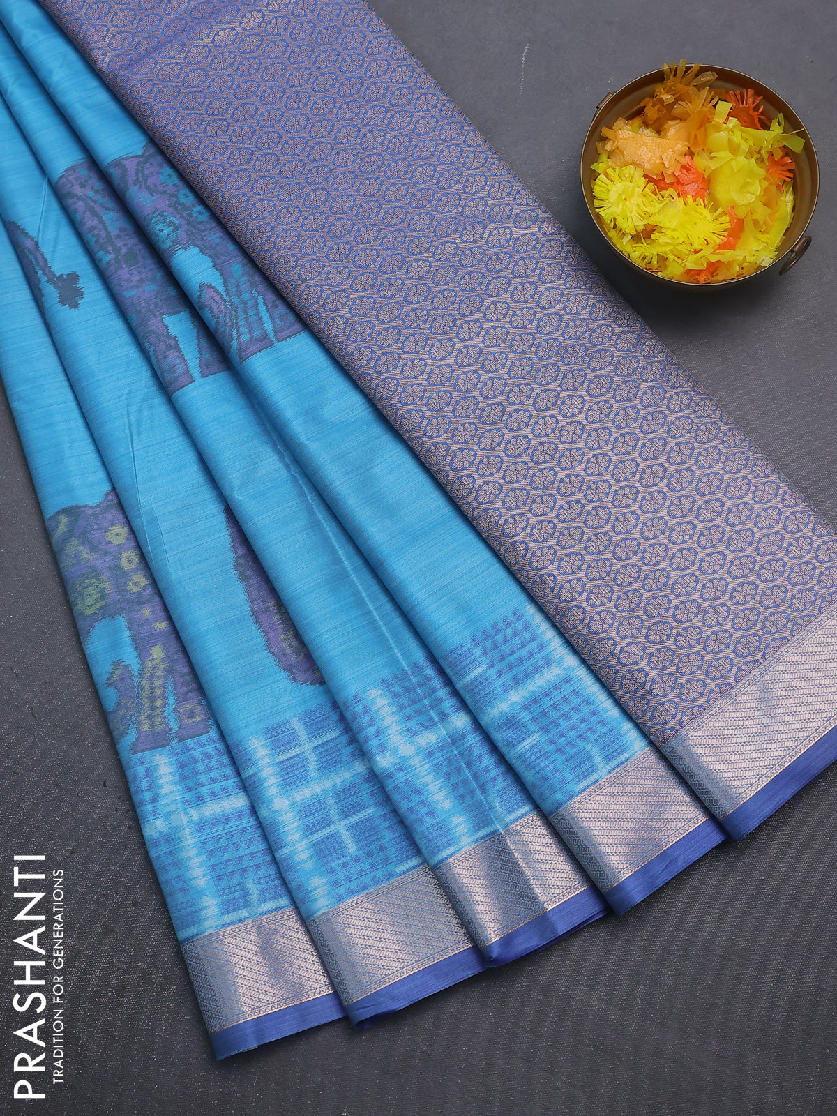Bangalori semi silk saree light blue with allover elephant ikat butta weaves and zari woven border
