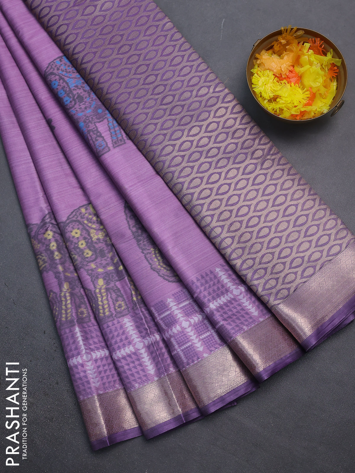 Bangalori semi silk saree mild purple and purple with allover elephant ikat butta weaves and zari woven border