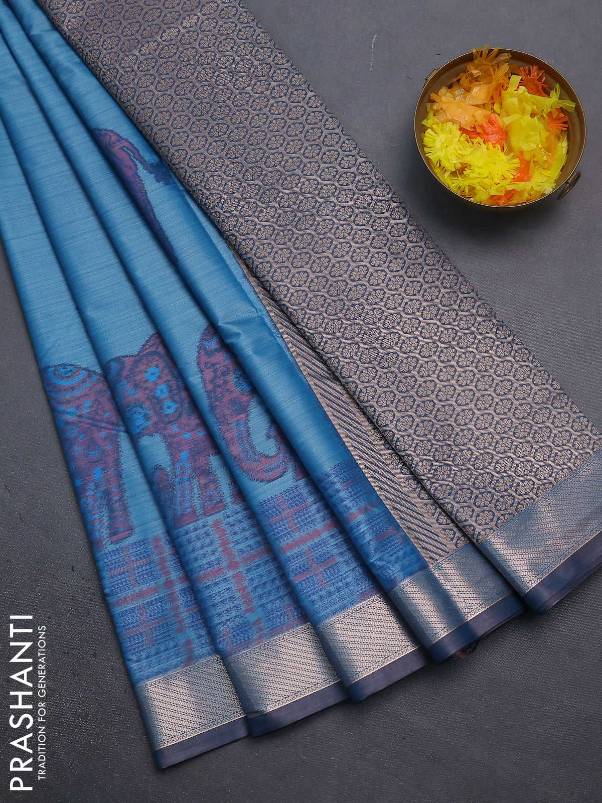 Bangalori semi silk saree teal blue with allover elephant ikat butta weaves and zari woven border