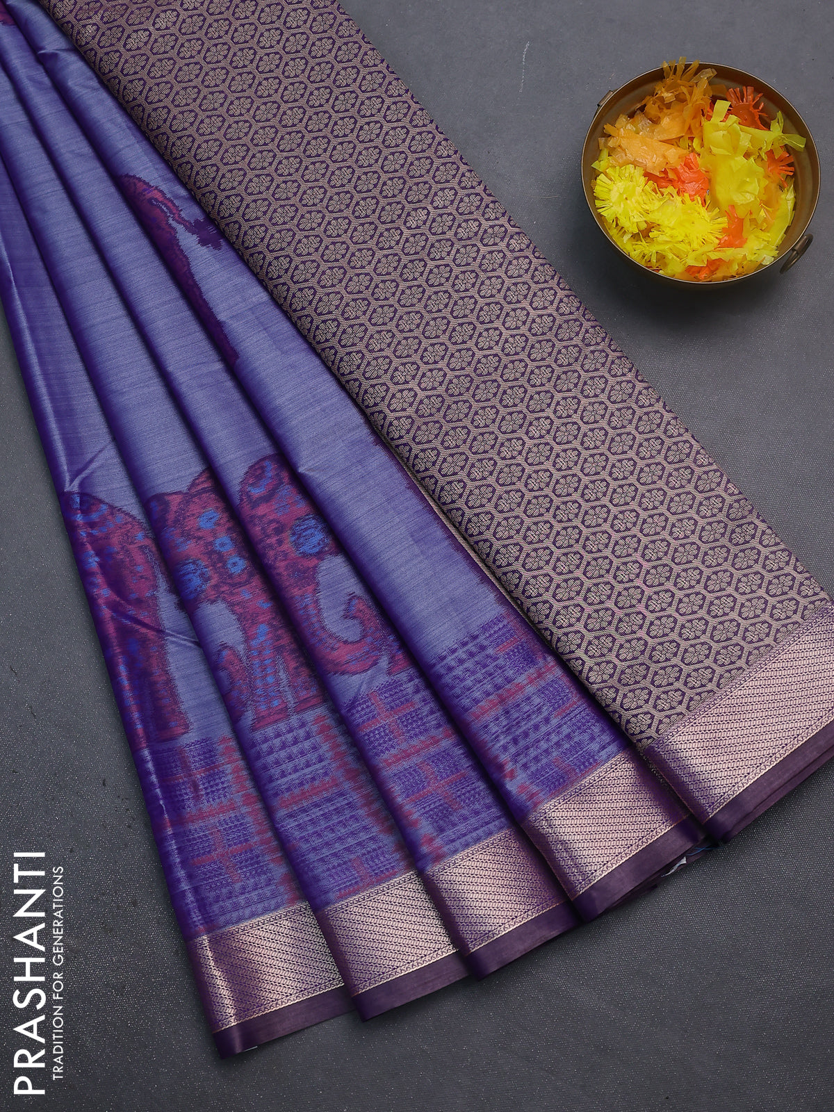 Bangalori semi silk saree dual shade of violet and purple with allover elephant ikat butta weaves and zari woven border