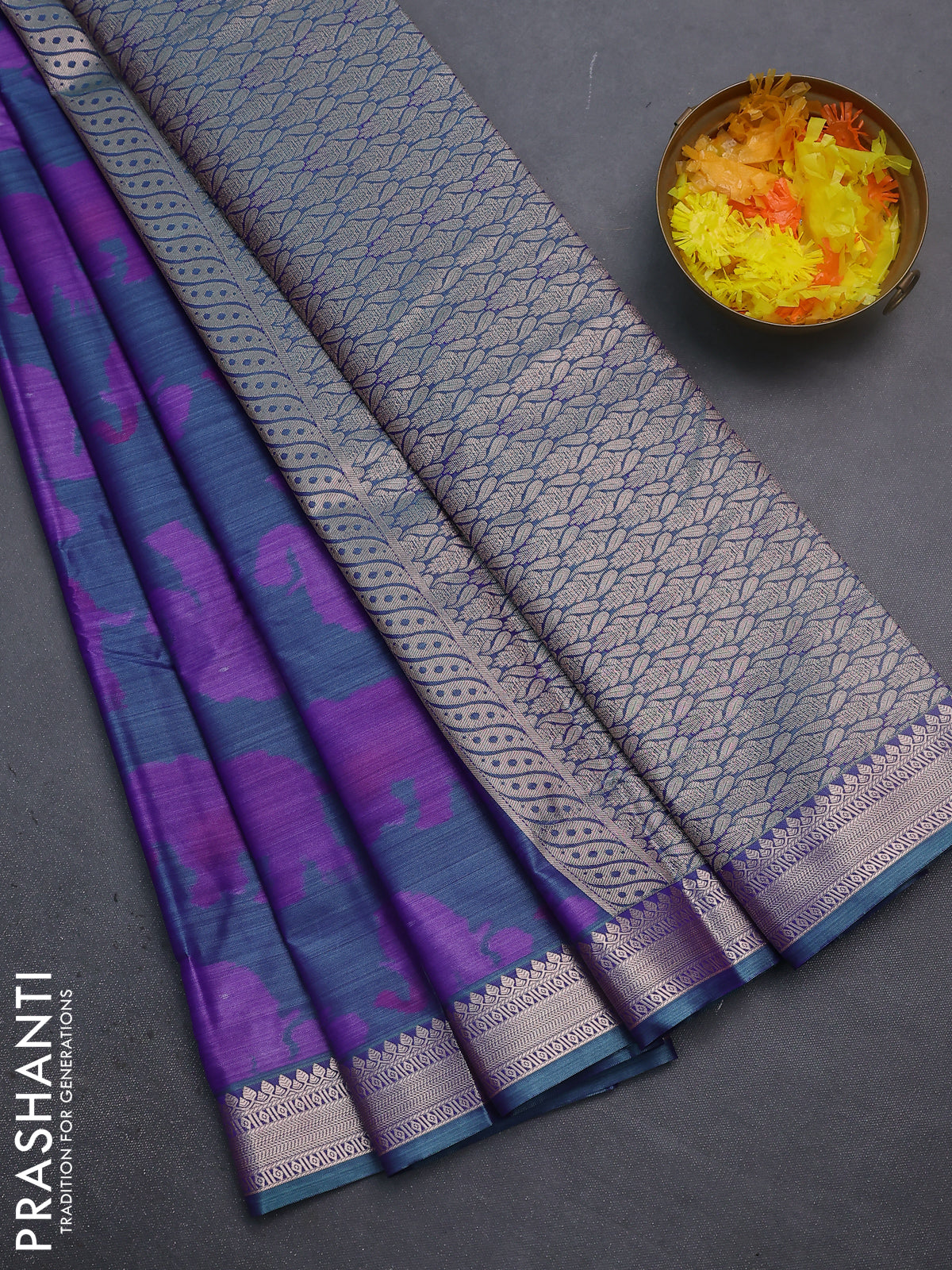 Bangalori semi silk saree purple and teal green with allover elephant butta ikat weaves and zari woven border