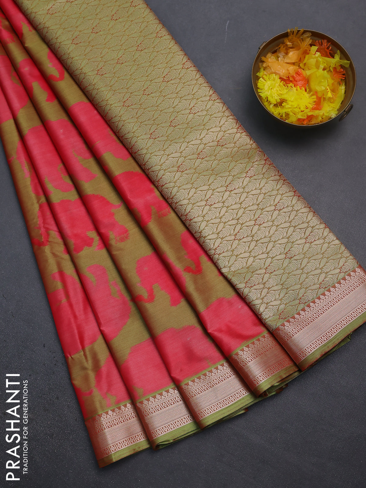Bangalori semi silk saree lime green and pink with allover elephant butta ikat weaves and zari woven border