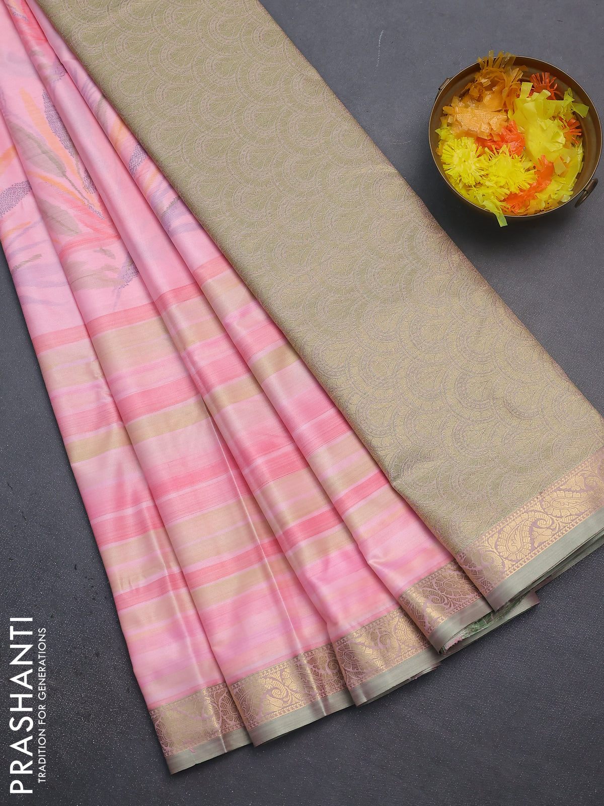 Bangalori semi silk saree peach pink shade and green with allover ikat weaves and zari woven border