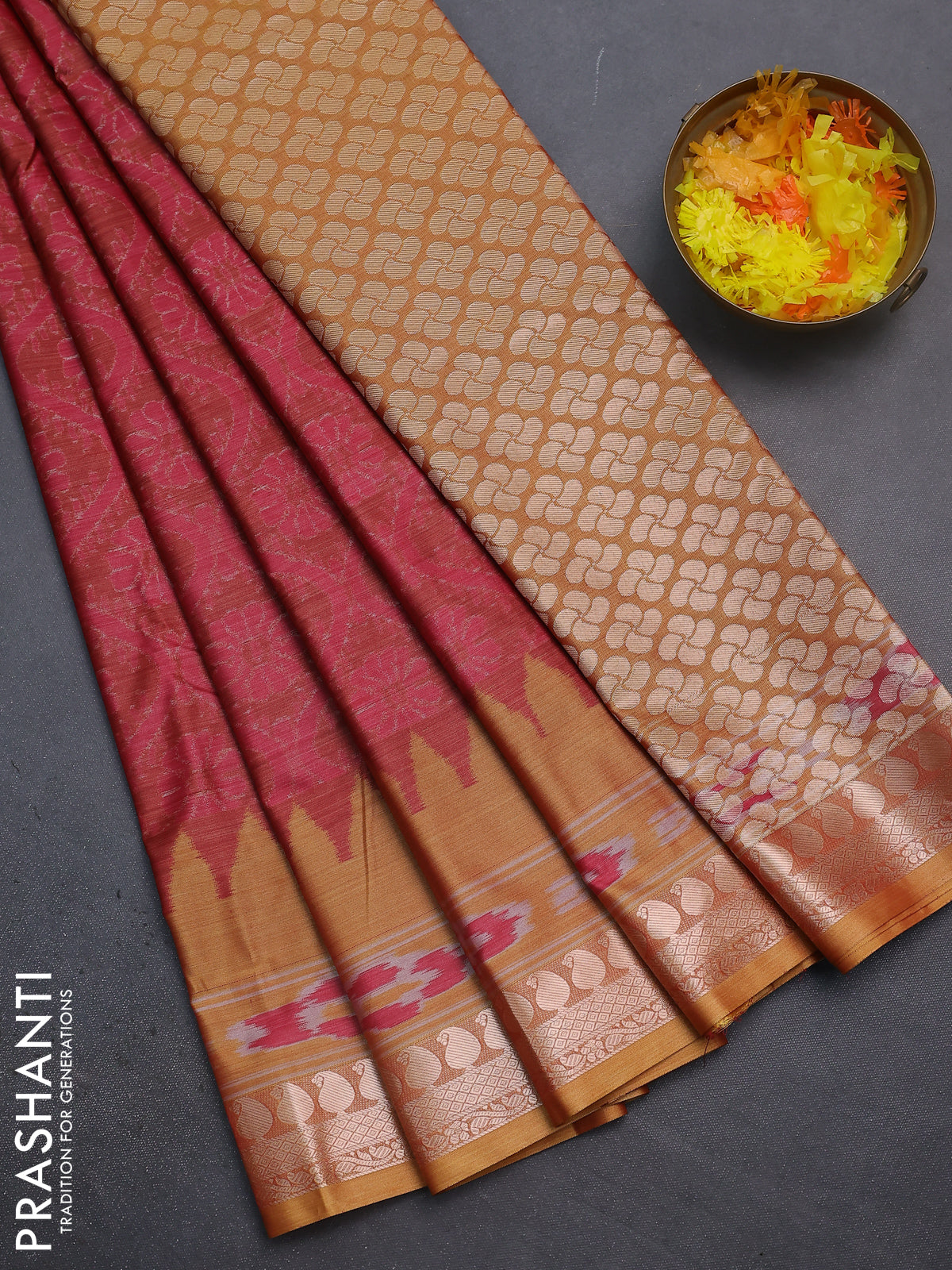 Bangalori semi silk saree maroon pink and mustard yellow with allover ikat weaves and zari woven border