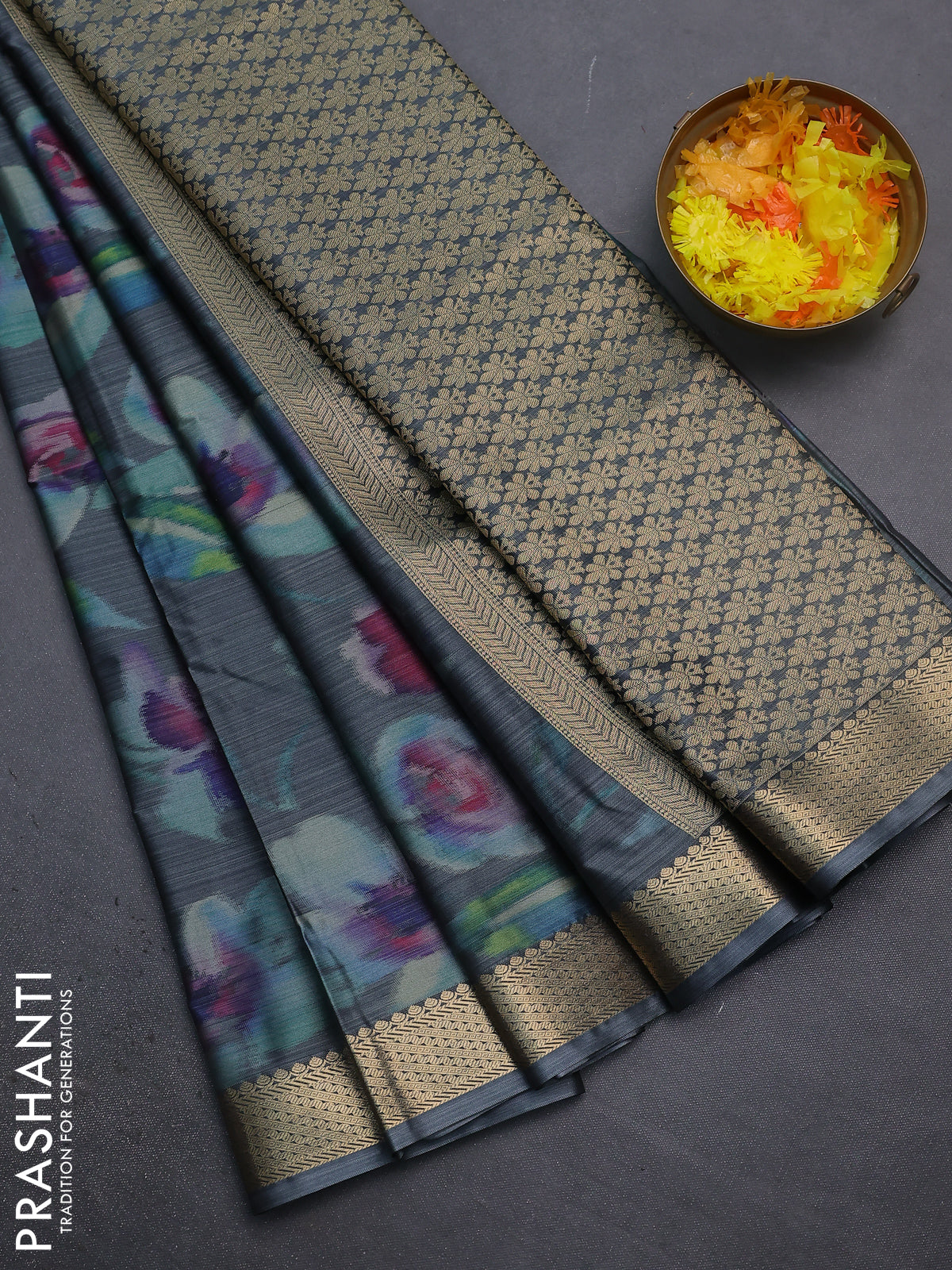 Bangalori semi silk saree grey with floral design ikat weaves and zari woven border