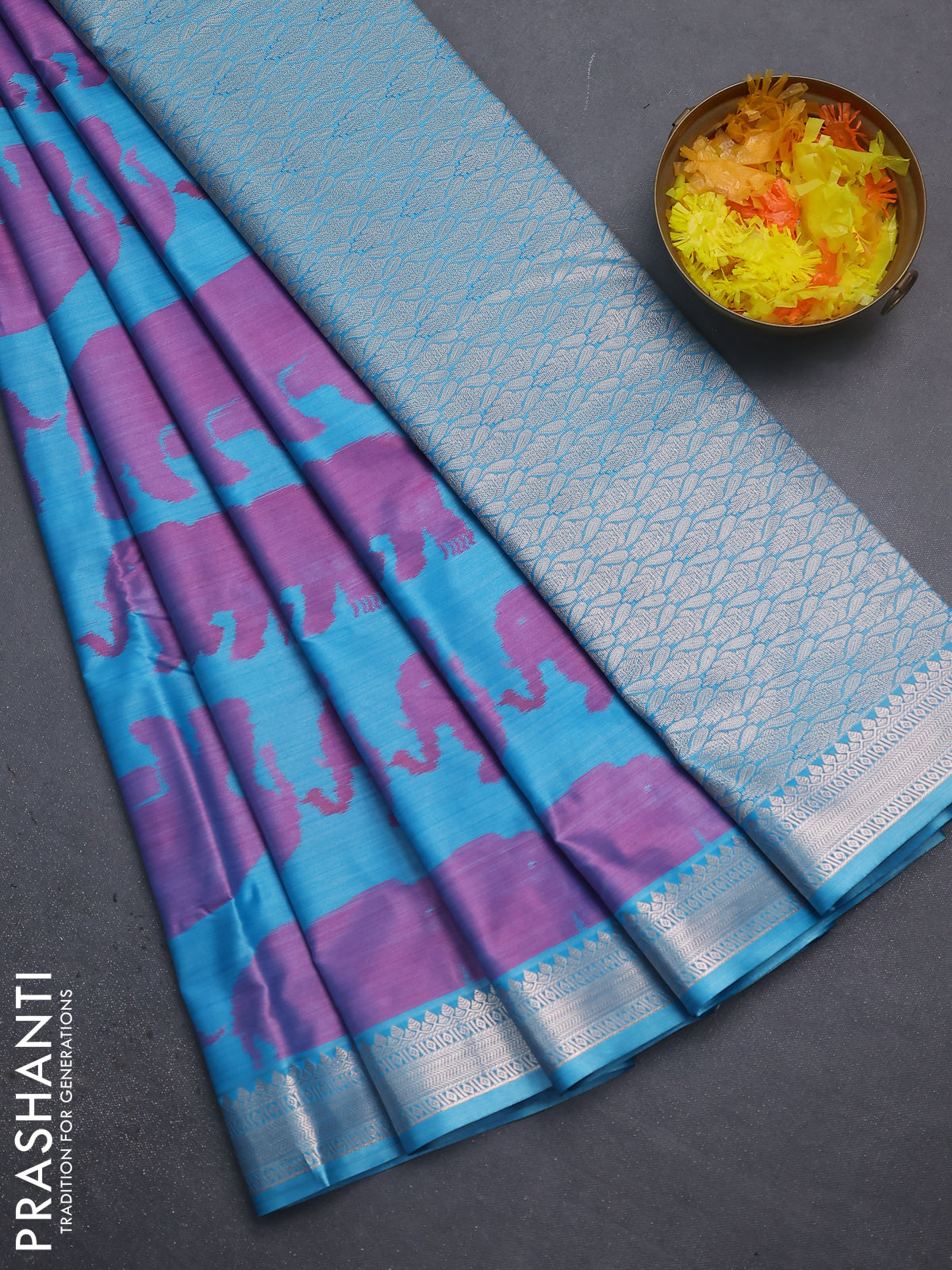 Bangalori semi silk saree teal blue and pink with allover elephant ikat butta weaves and zari woven border