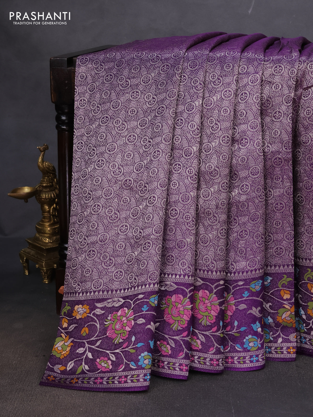 Banarasi semi raw silk saree violet with allover silver zari woven brocade weaves and floral design paithani border