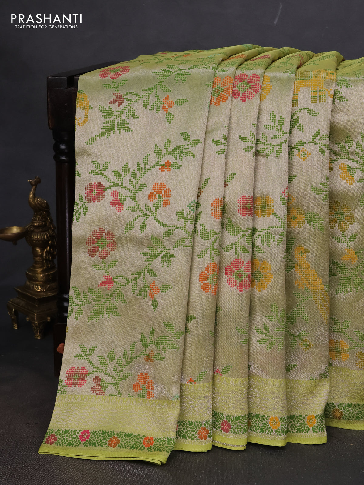 Banarasi semi raw silk saree fluorescent green with allover silver zari woven paithani weaves and woven border