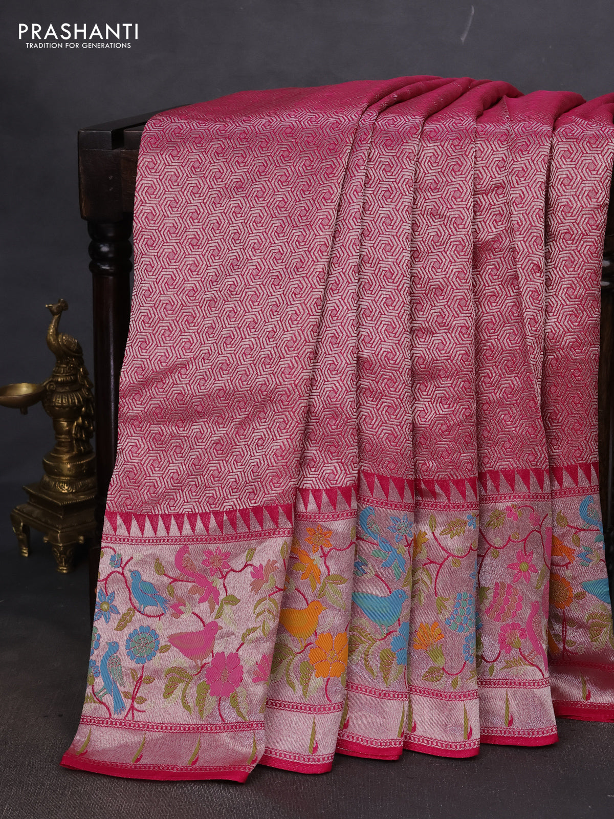 Banarasi semi raw silk saree pink with allover silver woven brocade weaves and floral design paithani border