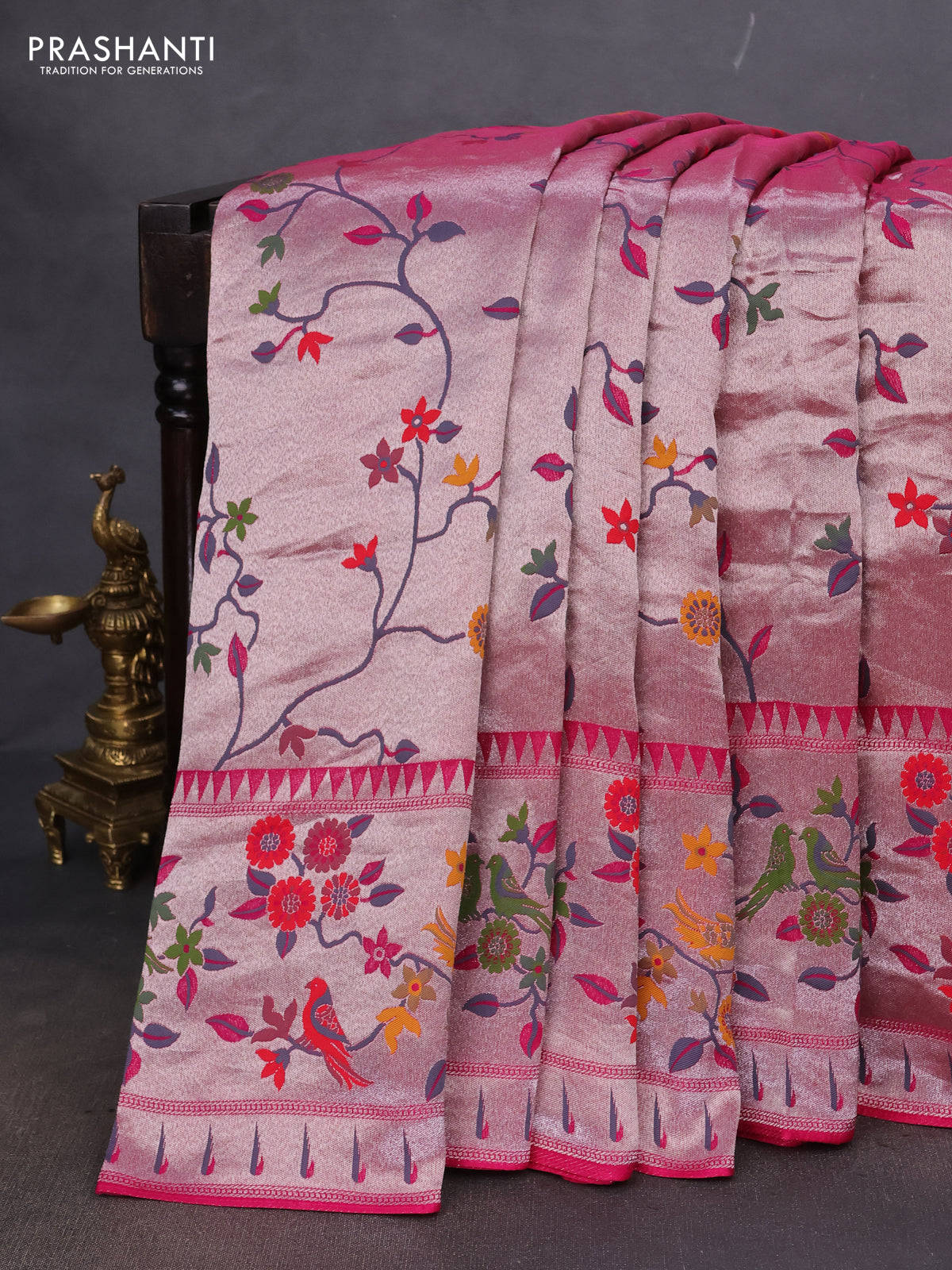Banarasi semi raw silk saree pink with allover zari woven paithani weaves and floral design paithani border