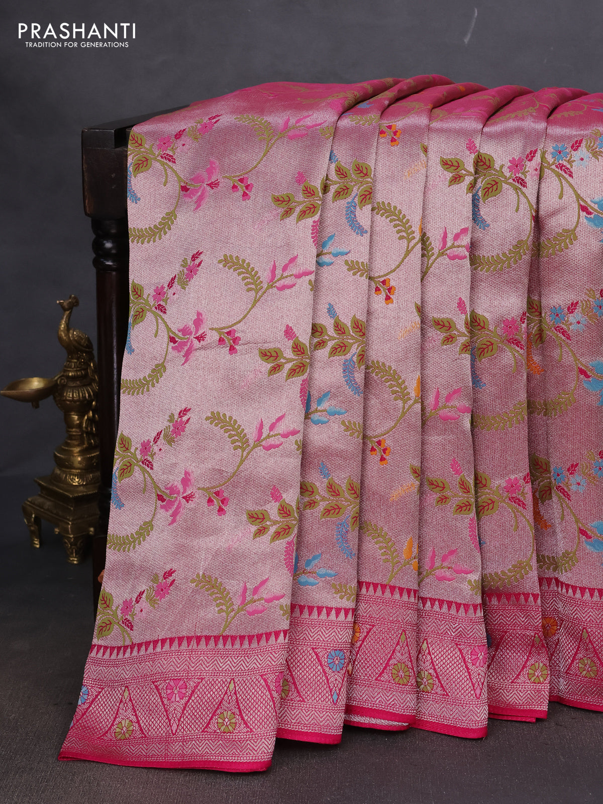 Banarasi semi raw silk saree pink with allover silver zari woven paithani weaves and silver zari woven border