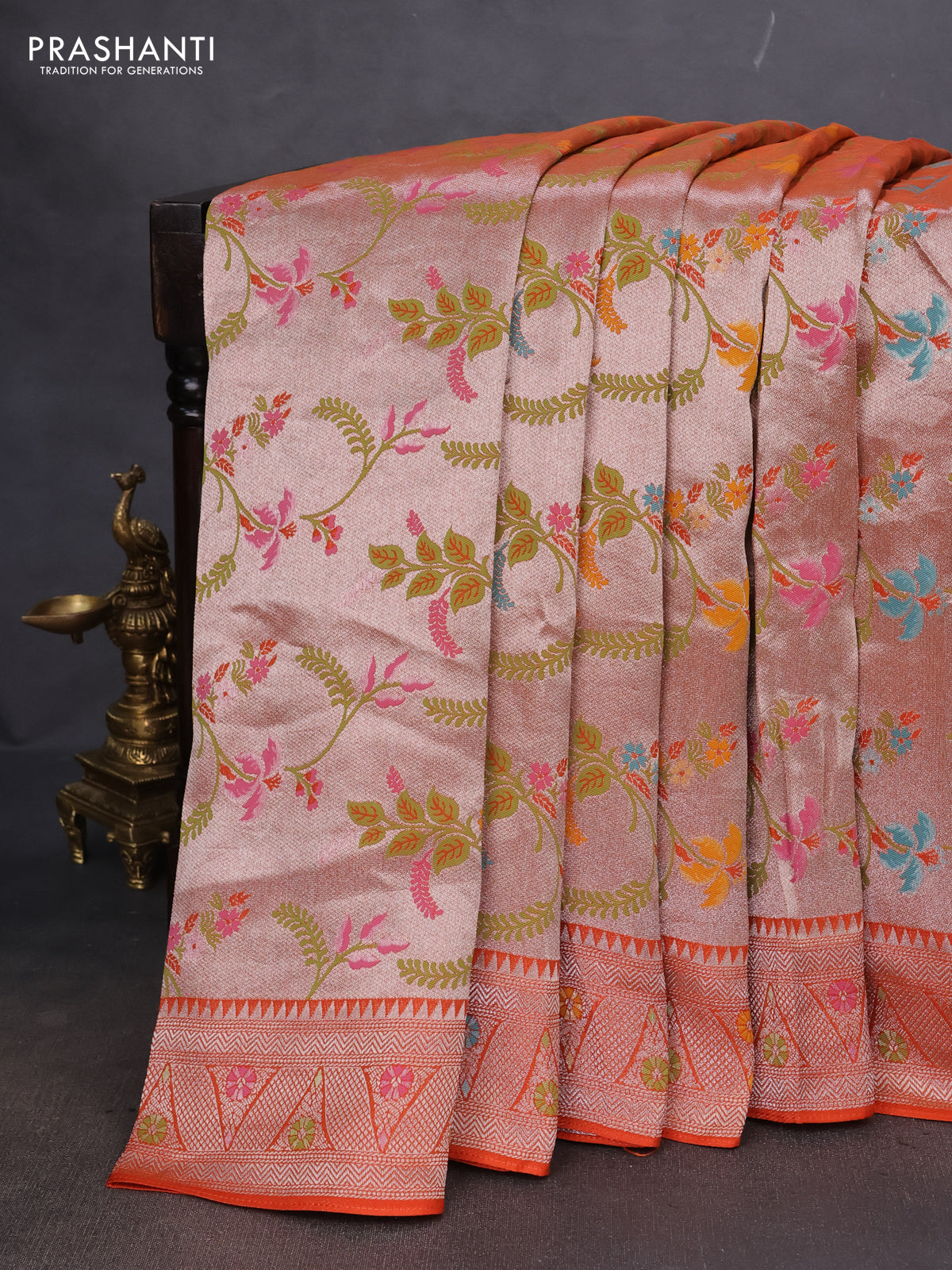 Banarasi semi raw silk saree orange with allover silver zari woven paithani weaves and silver zari woven border