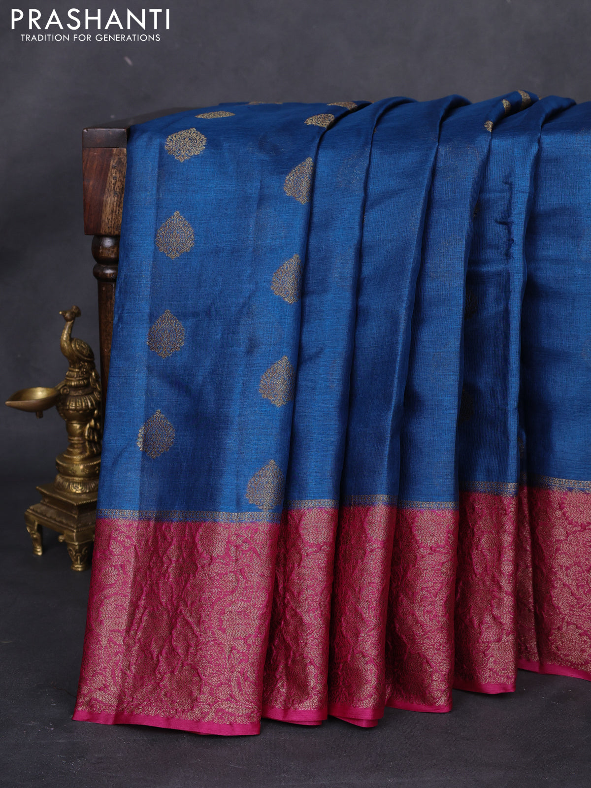 Banarasi tussar silk saree peacock blue and magenta pink with thread & zari woven buttas and woven border