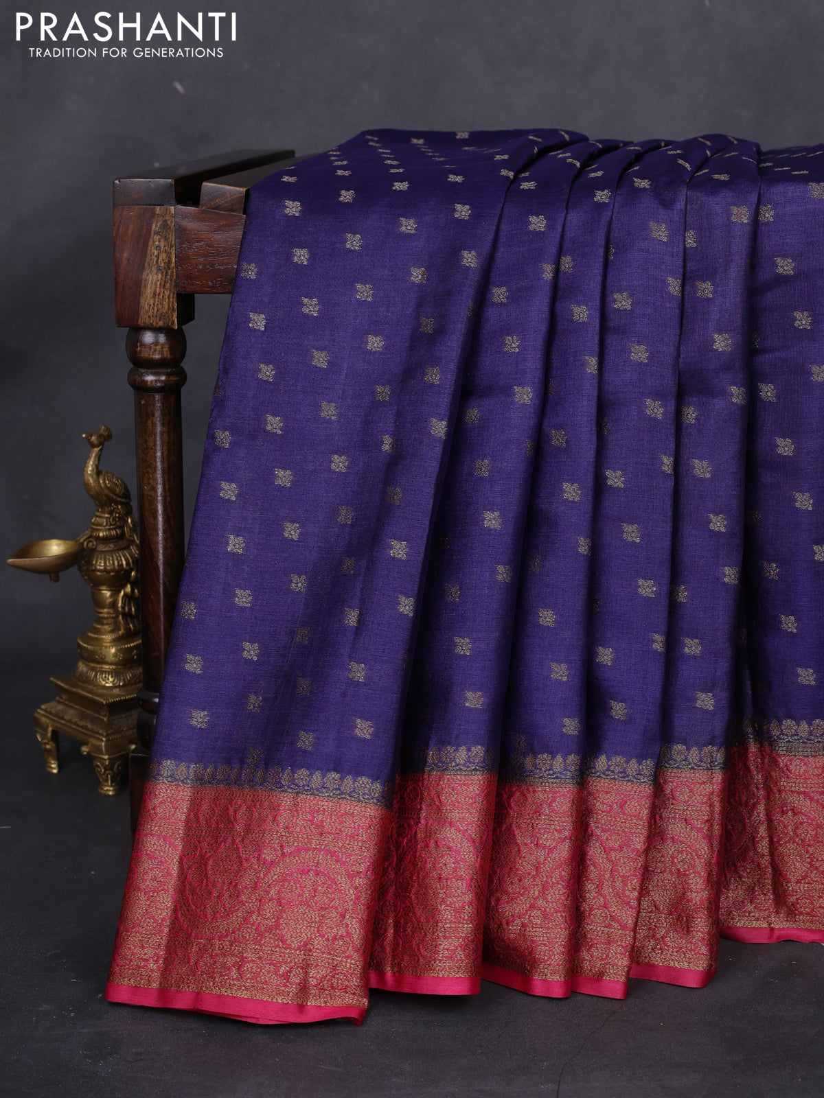 Banarasi tussar silk saree blue and red with thread & zari woven floral buttas and woven border