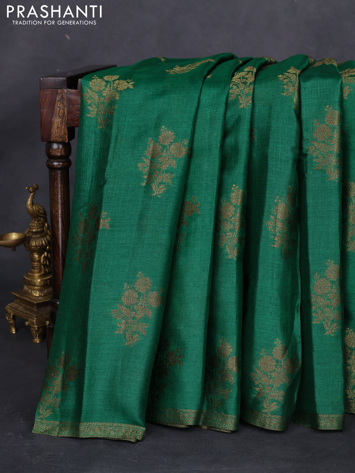 Banarasi tussar silk saree green and maroon with thread & zari woven floral buttas and woven border