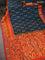 Ikat soft silk saree peacock green and orange with allover ikat weaves and zari woven border