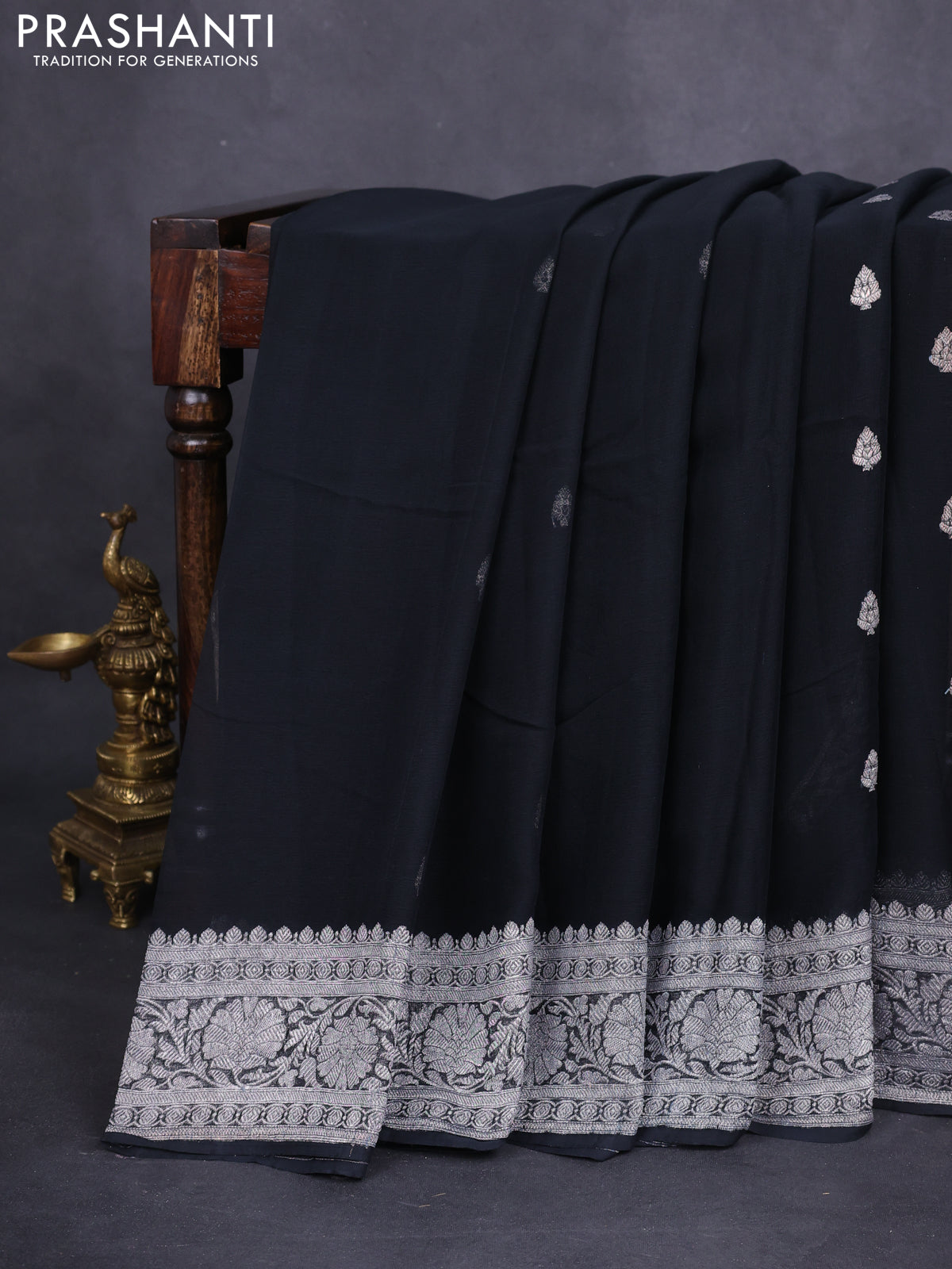 Banarasi chiffon silk saree black with silver zari woven buttas and floral silver zari woven border