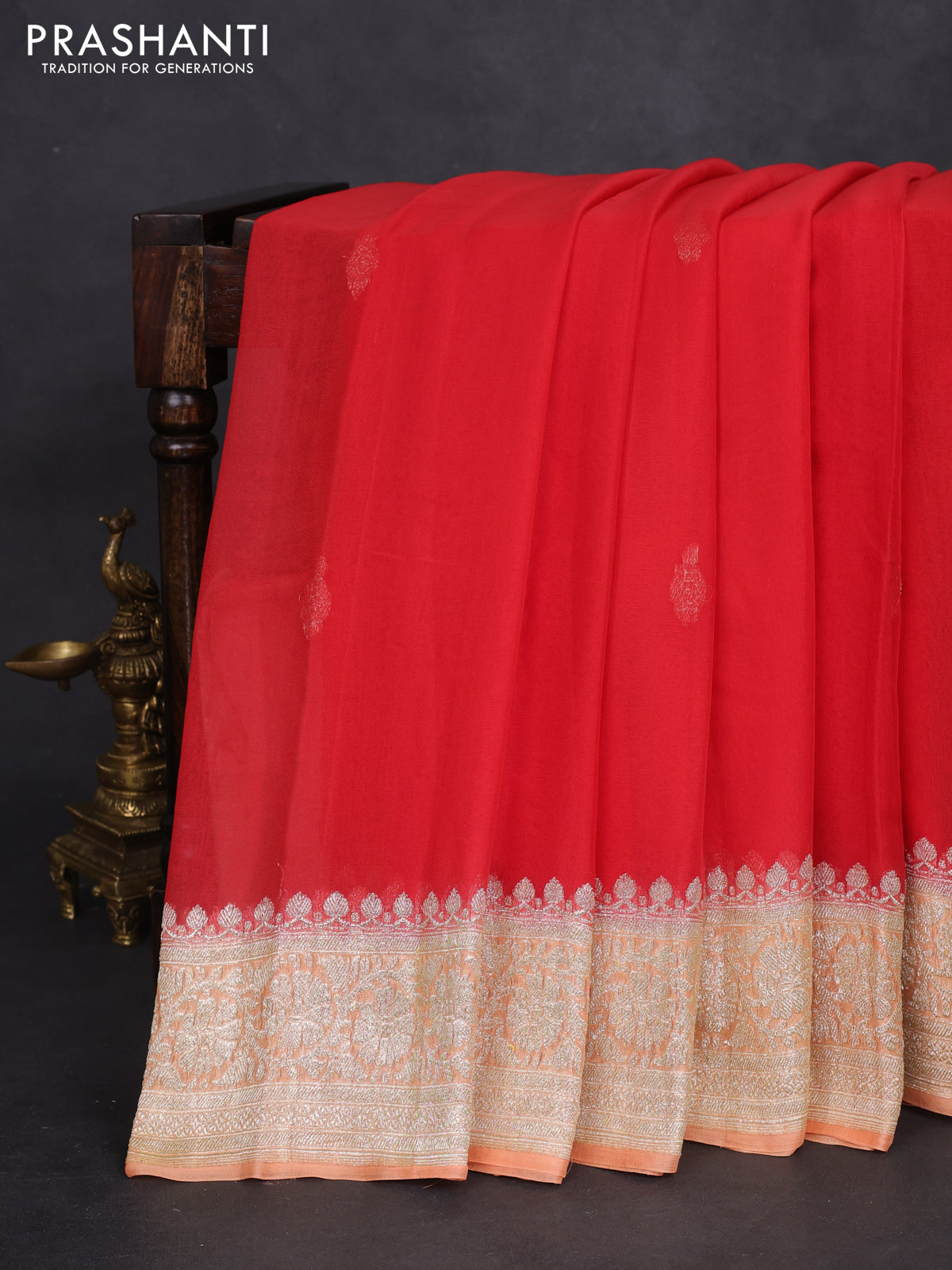 Banarasi chiffon silk saree red and pale orange with silver zari woven buttas and silver zari woven border