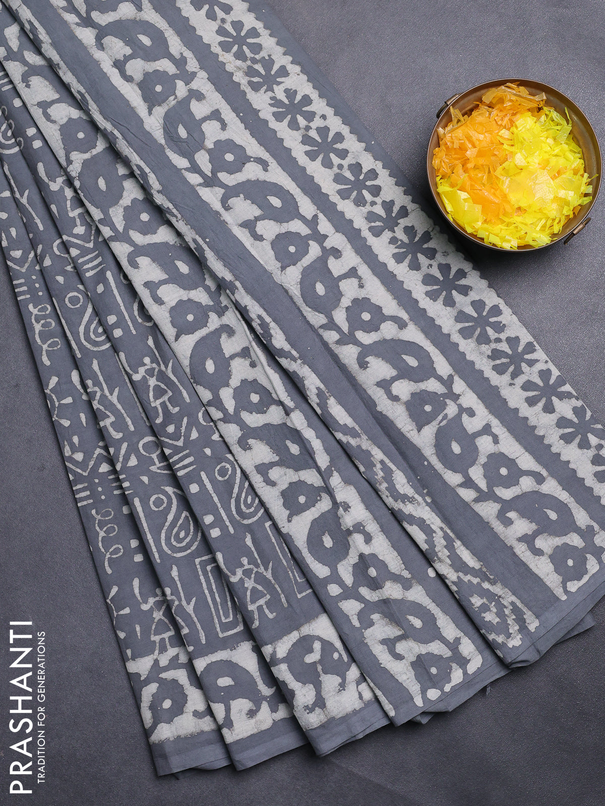 Jaipur cotton saree grey with allover warli and printed border