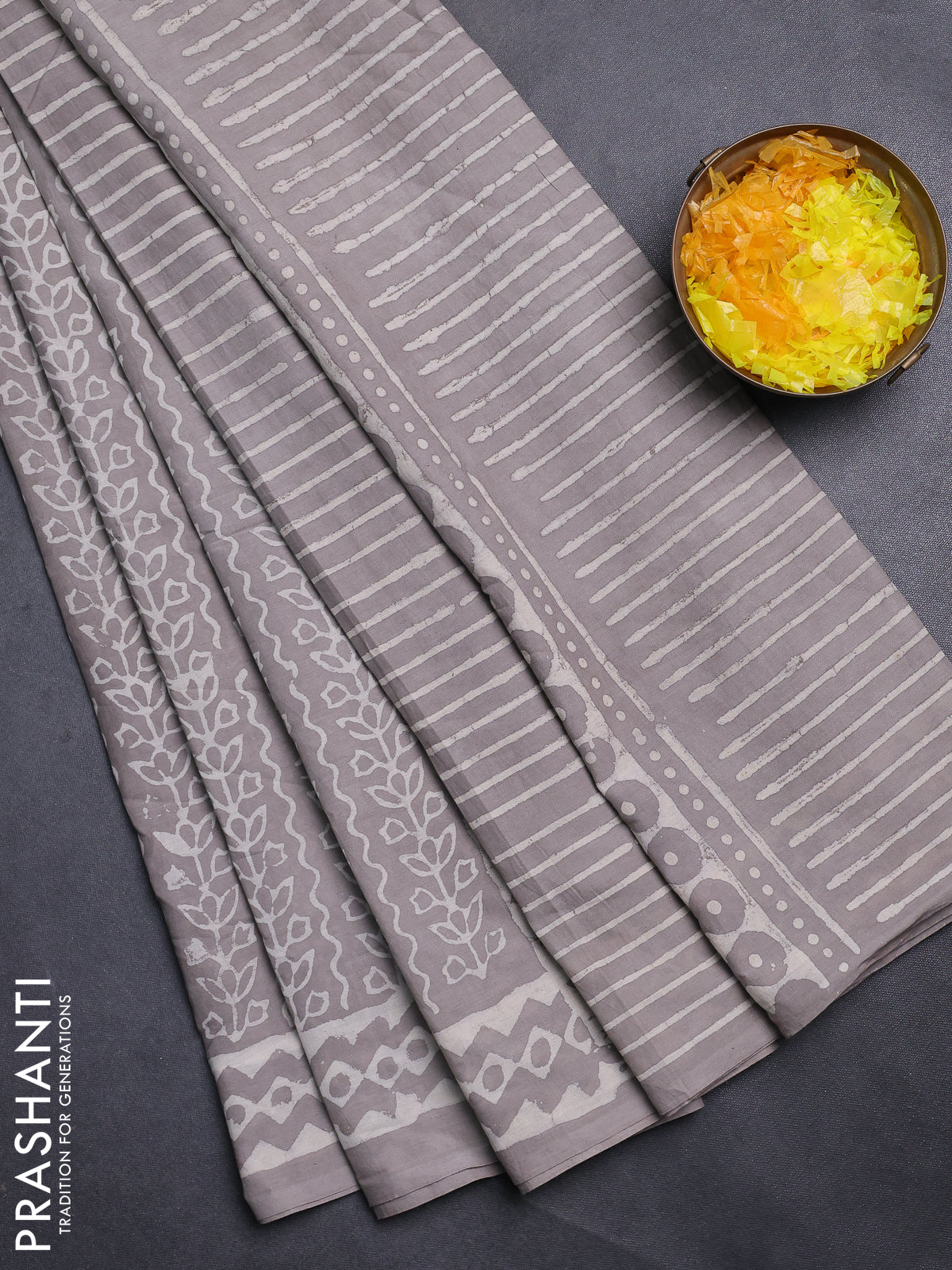Jaipur cotton saree grey shade with allover prints and printed border