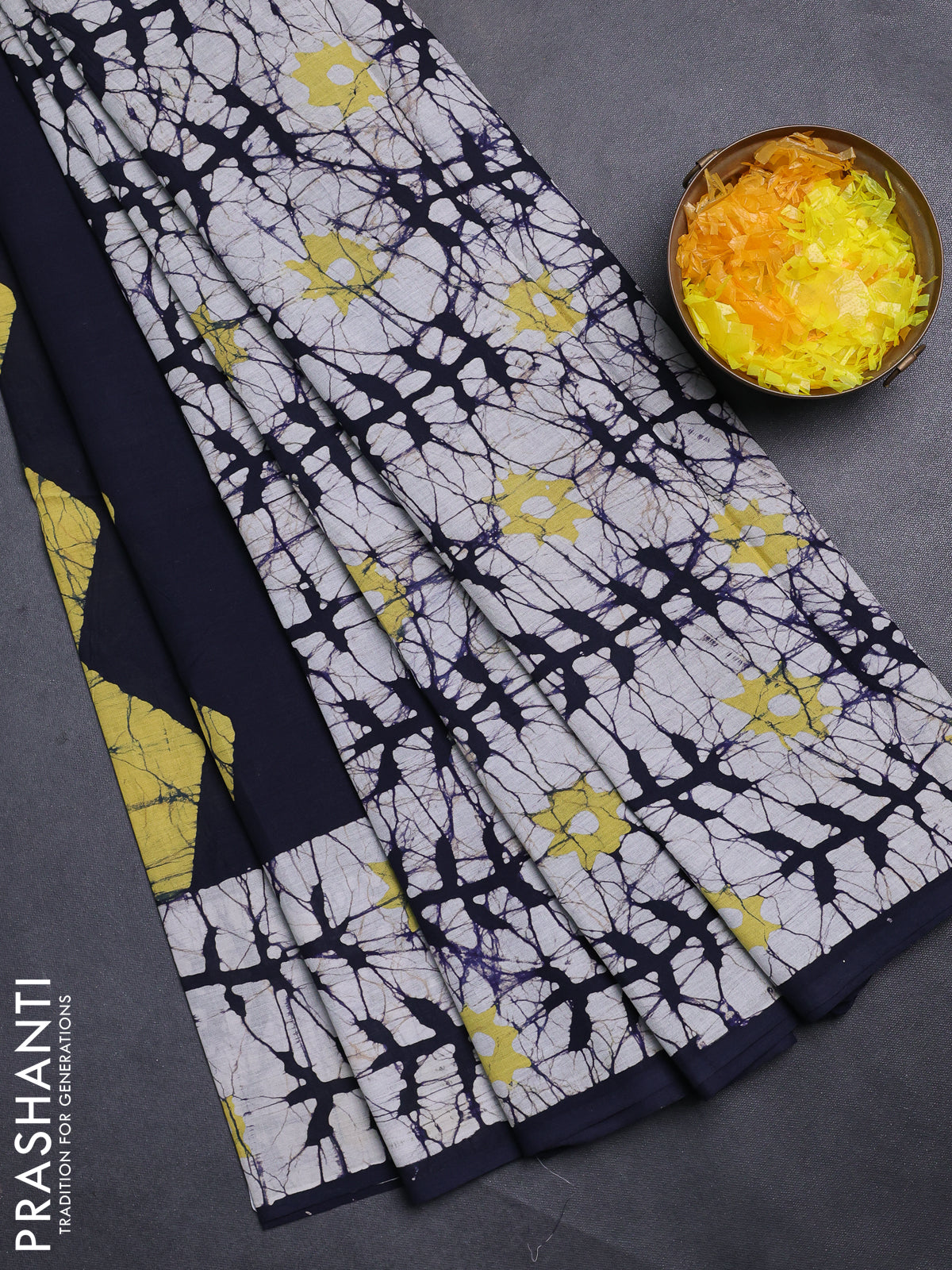 Jaipur cotton saree navy blue and off white with allover batik prints and printed border