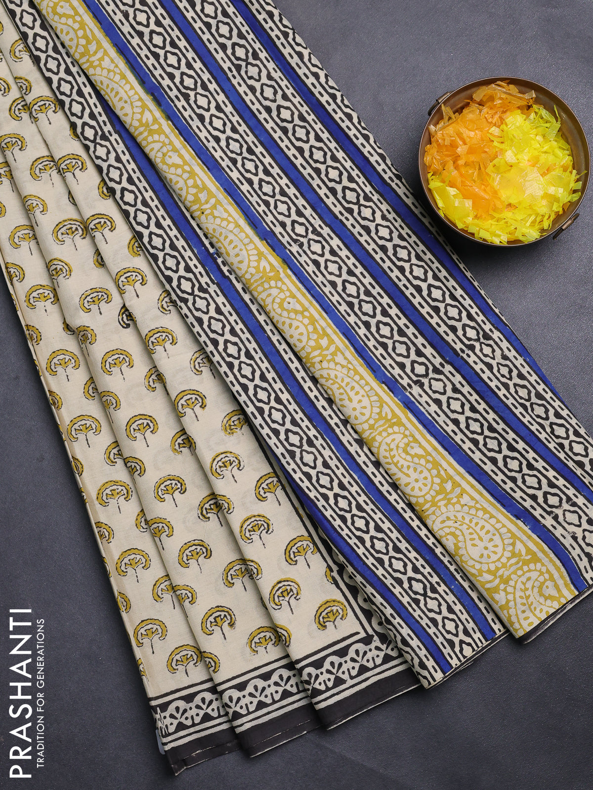 Jaipur cotton saree beige and black with allover butta prints and printed border
