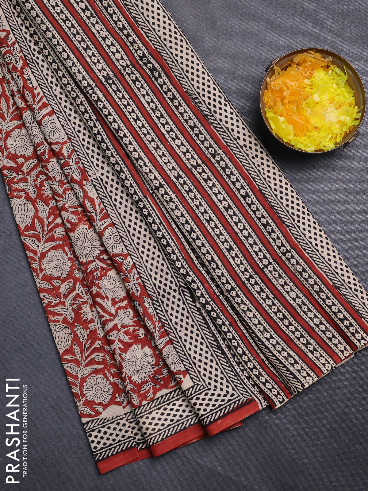 Jaipur cotton saree marron and black with allover kalamkari prints and printed border